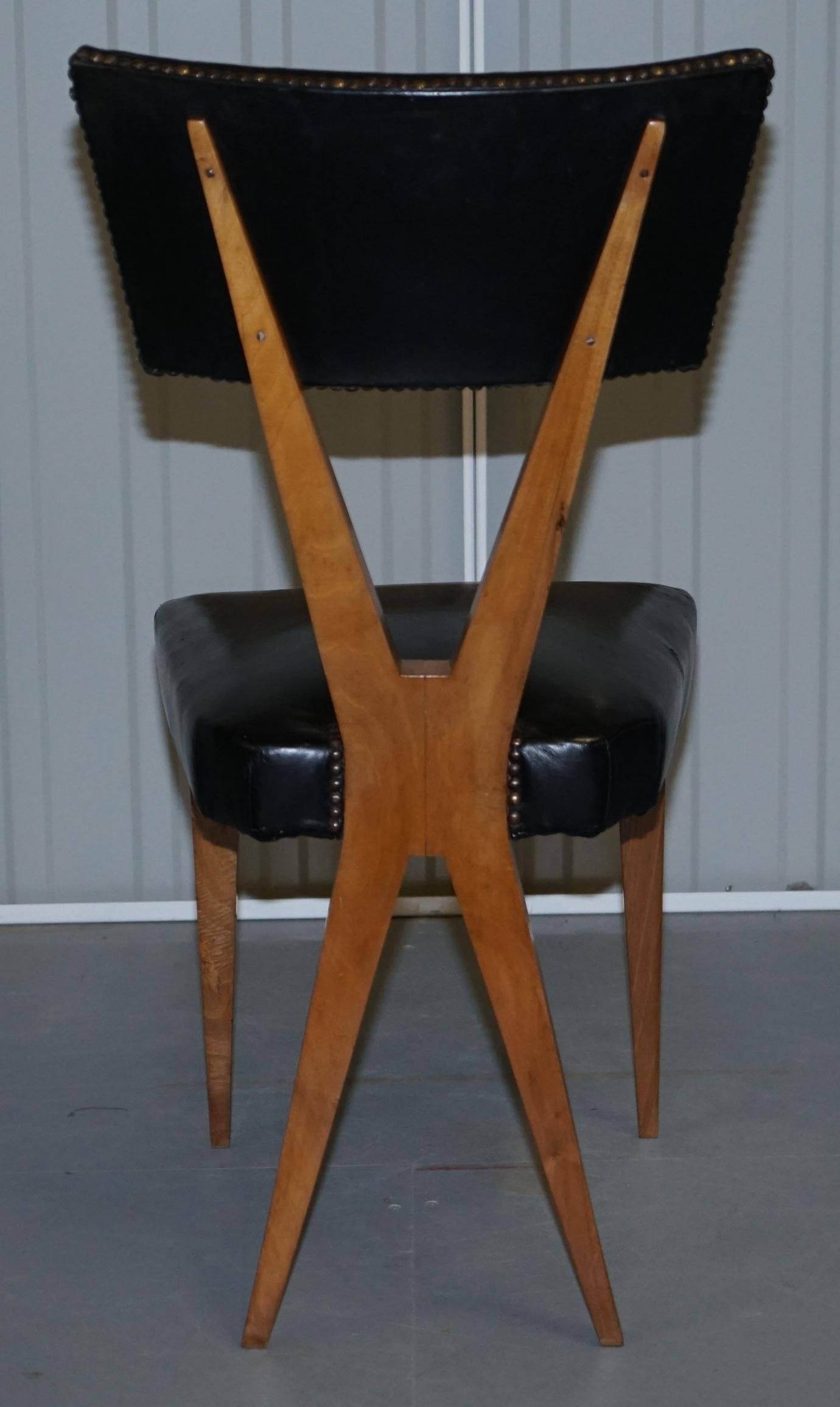 Rare Set of Six circa 1950 Gianni Vigorelli Walnut & Black Leather Dining Chairs 13