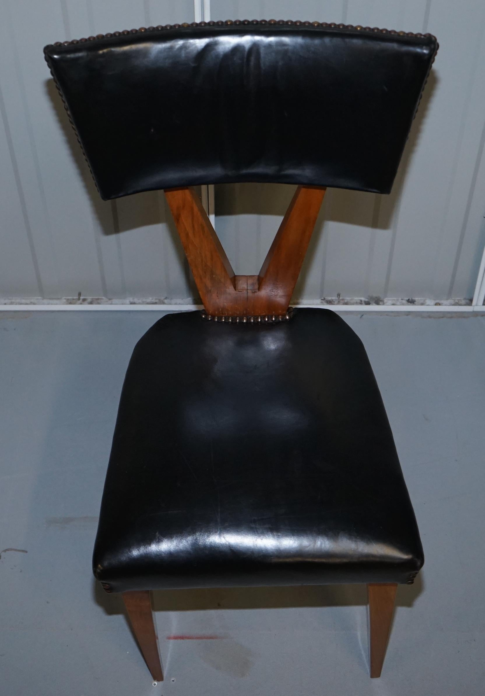 Rare Set of Six circa 1950 Gianni Vigorelli Walnut & Black Leather Dining Chairs 1