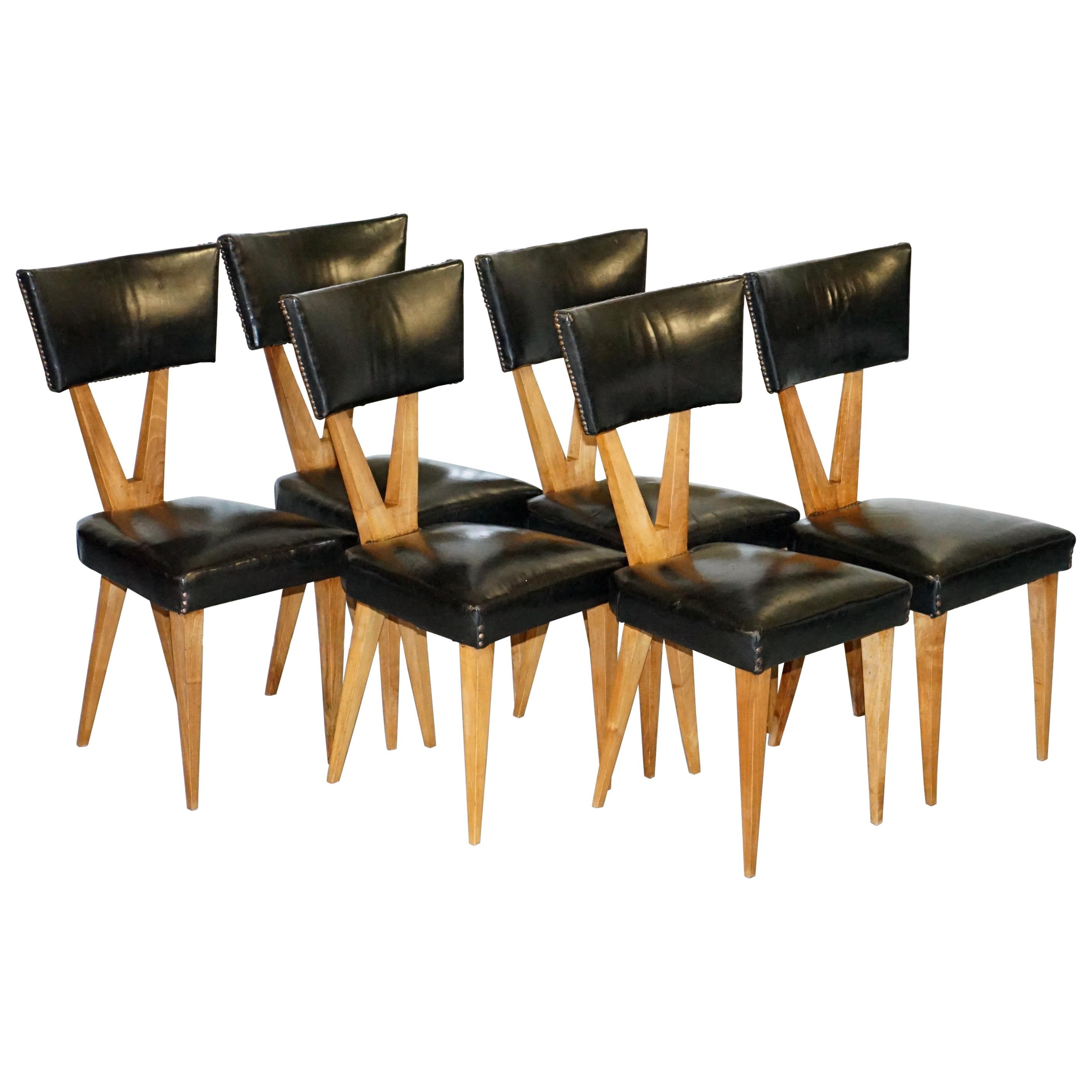 Rare Set of Six circa 1950 Gianni Vigorelli Walnut & Black Leather Dining Chairs