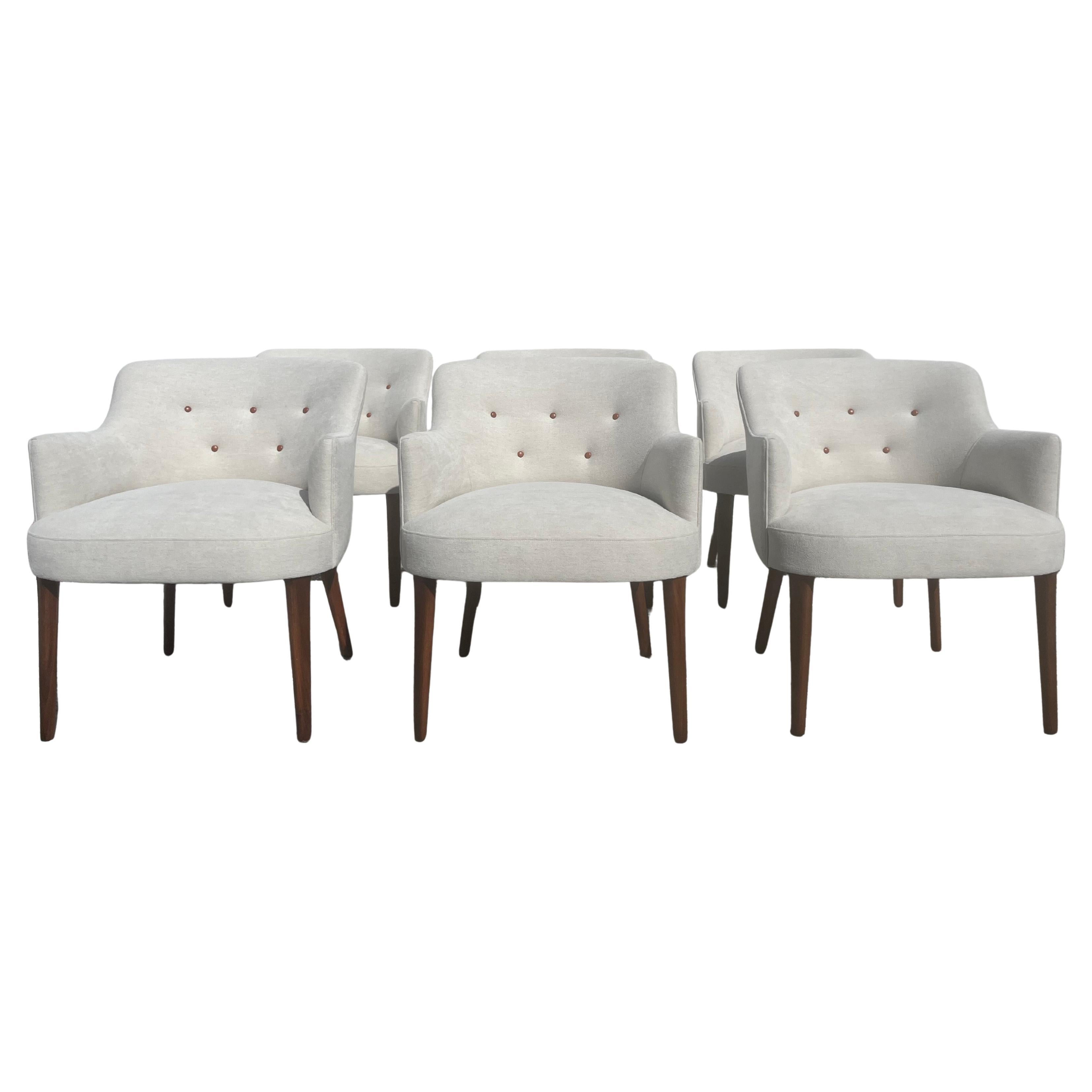 Rare ensemble de six chaises de salle à manger de Robinson-Johnson 1956, tissu, cuir, noyer