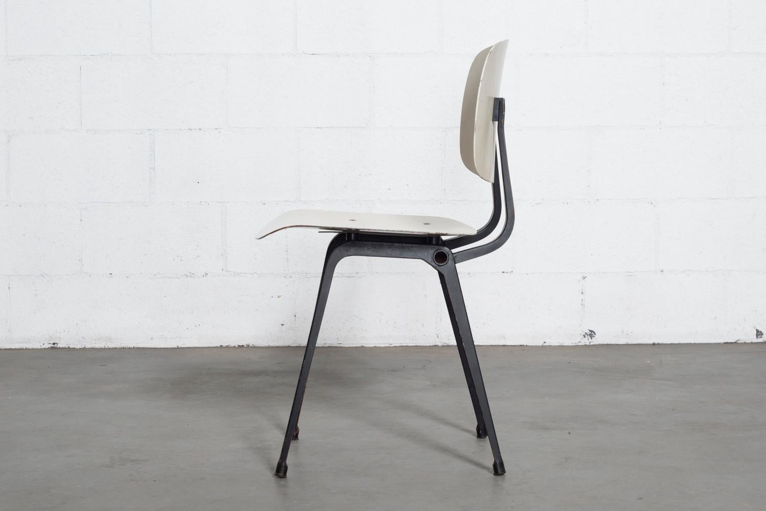 Enameled Rare Set of Six Early Edition Friso Kramer Bone White Revolt Chairs, Black Frame For Sale