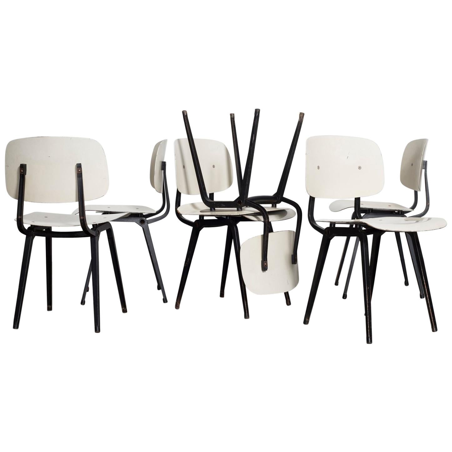 Rare Set of Six Early Edition Friso Kramer Bone White Revolt Chairs, Black Frame