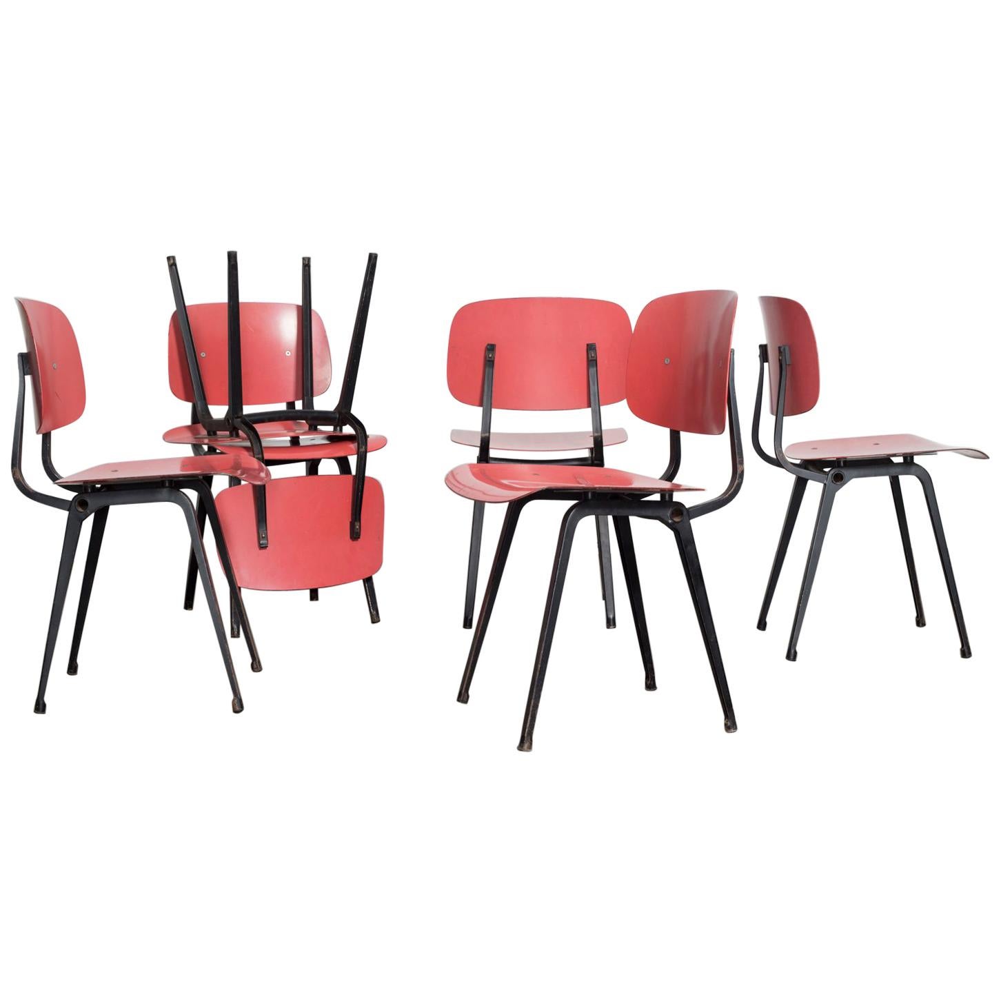 Rare Set of Six Early Edition Red Friso Kramer Revolt Chairs with Black Frames