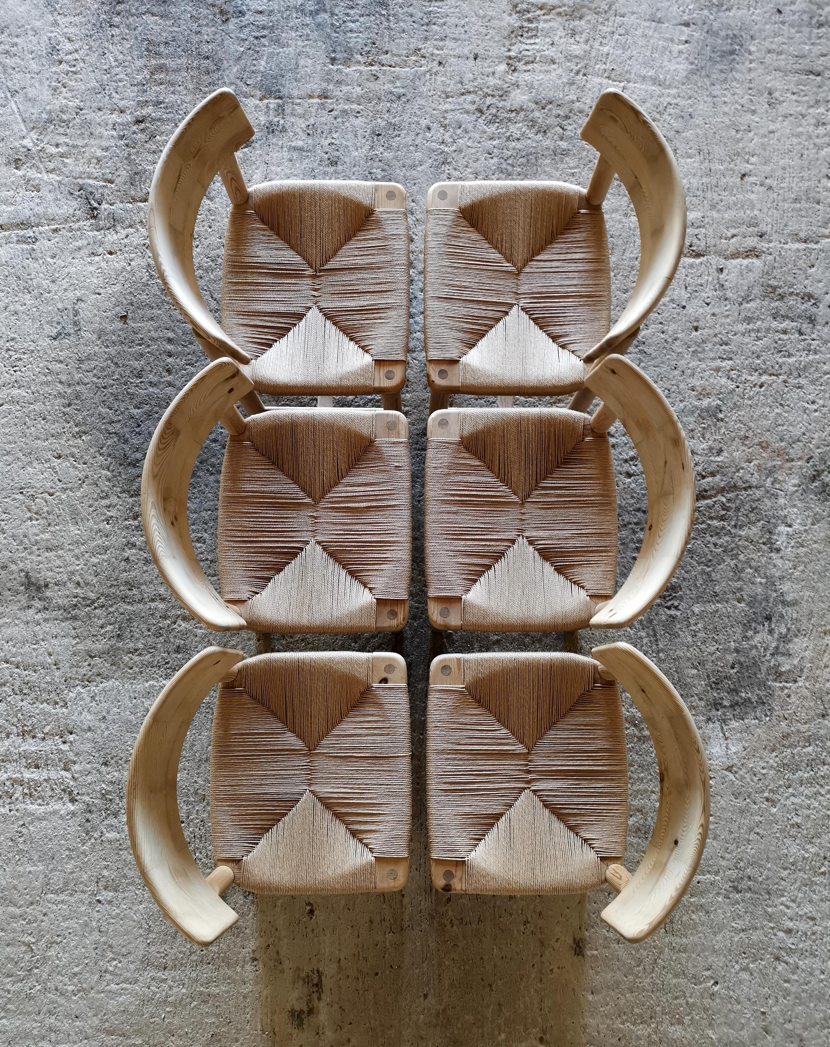 Danish Rare set of six Friis & Moltke Dining Chairs in solid Oregon Pine. Denmark 1970s For Sale
