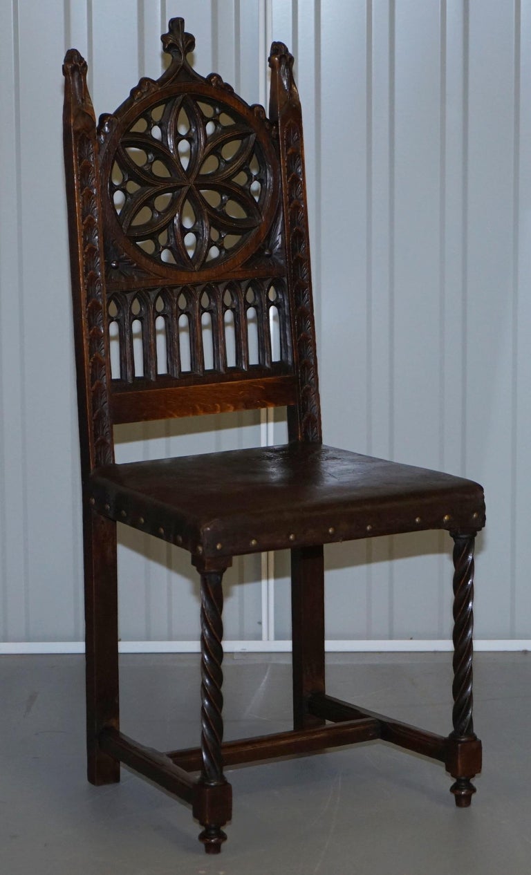Rare Set of Six Gothic Revival High Back Dining Chairs Embossed Brown Leather at 1stDibs