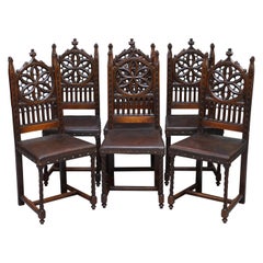 Rare Set of Six Gothic Revival High Back Dining Chairs Embossed Brown Leather