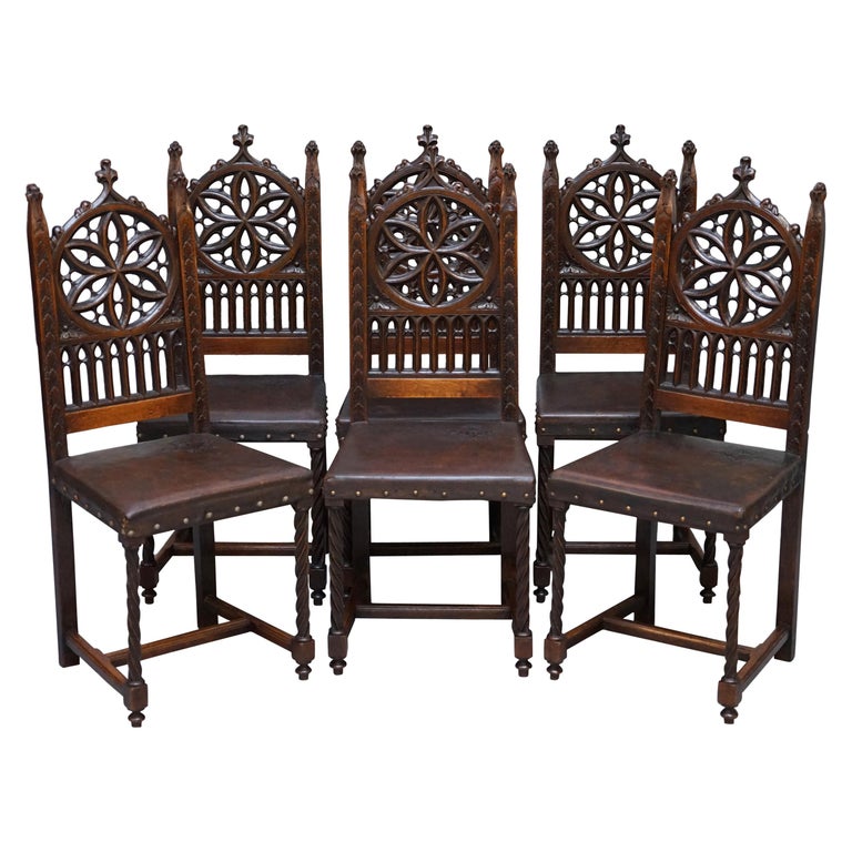 Rare Set of Six Gothic Revival High Back Dining Chairs Embossed Brown