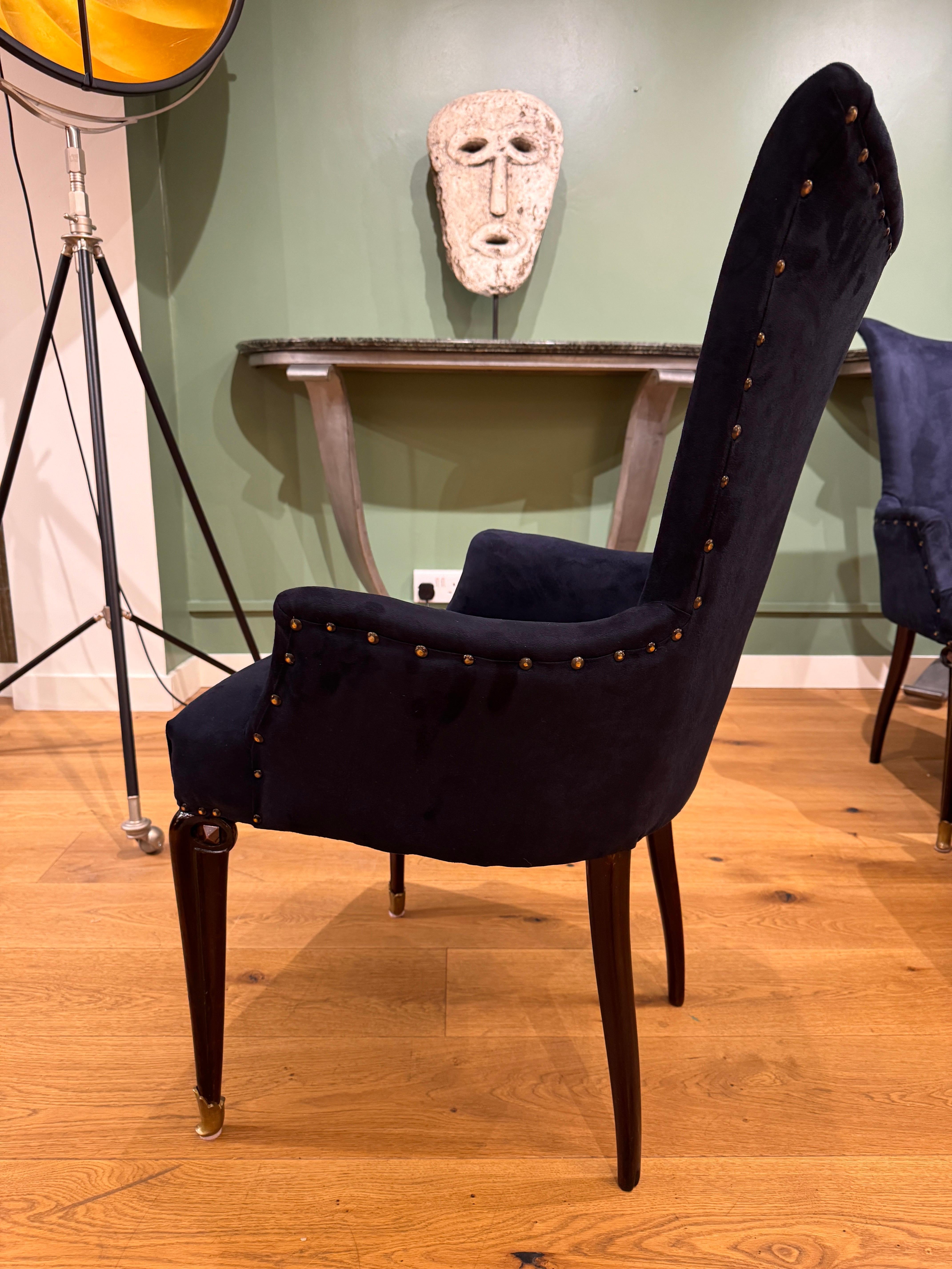 Hand-Crafted Rare Set of six Italian high back dining chairs with arms For Sale