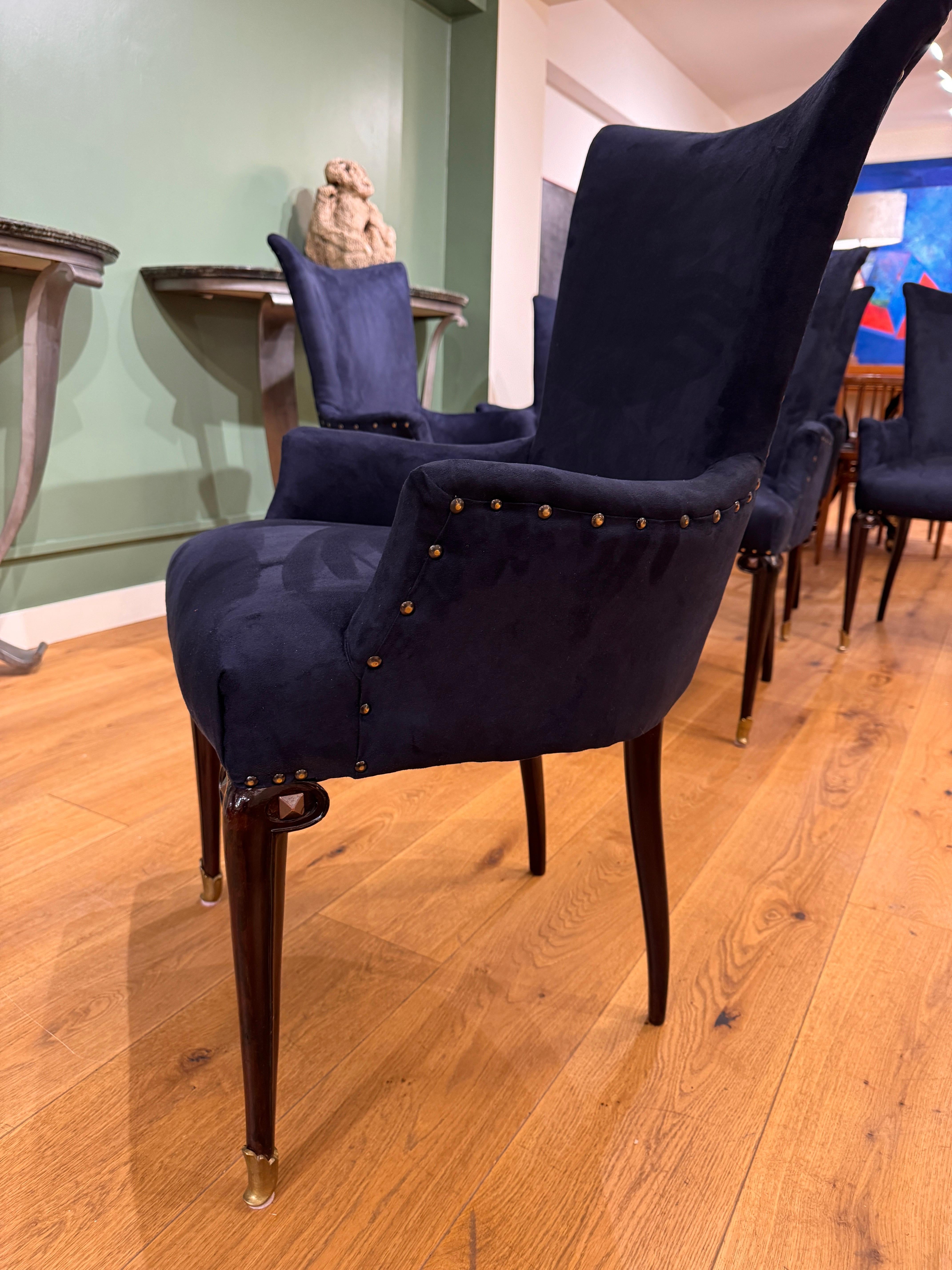 Rare Set of six Italian high back dining chairs with arms In Good Condition For Sale In London, GB