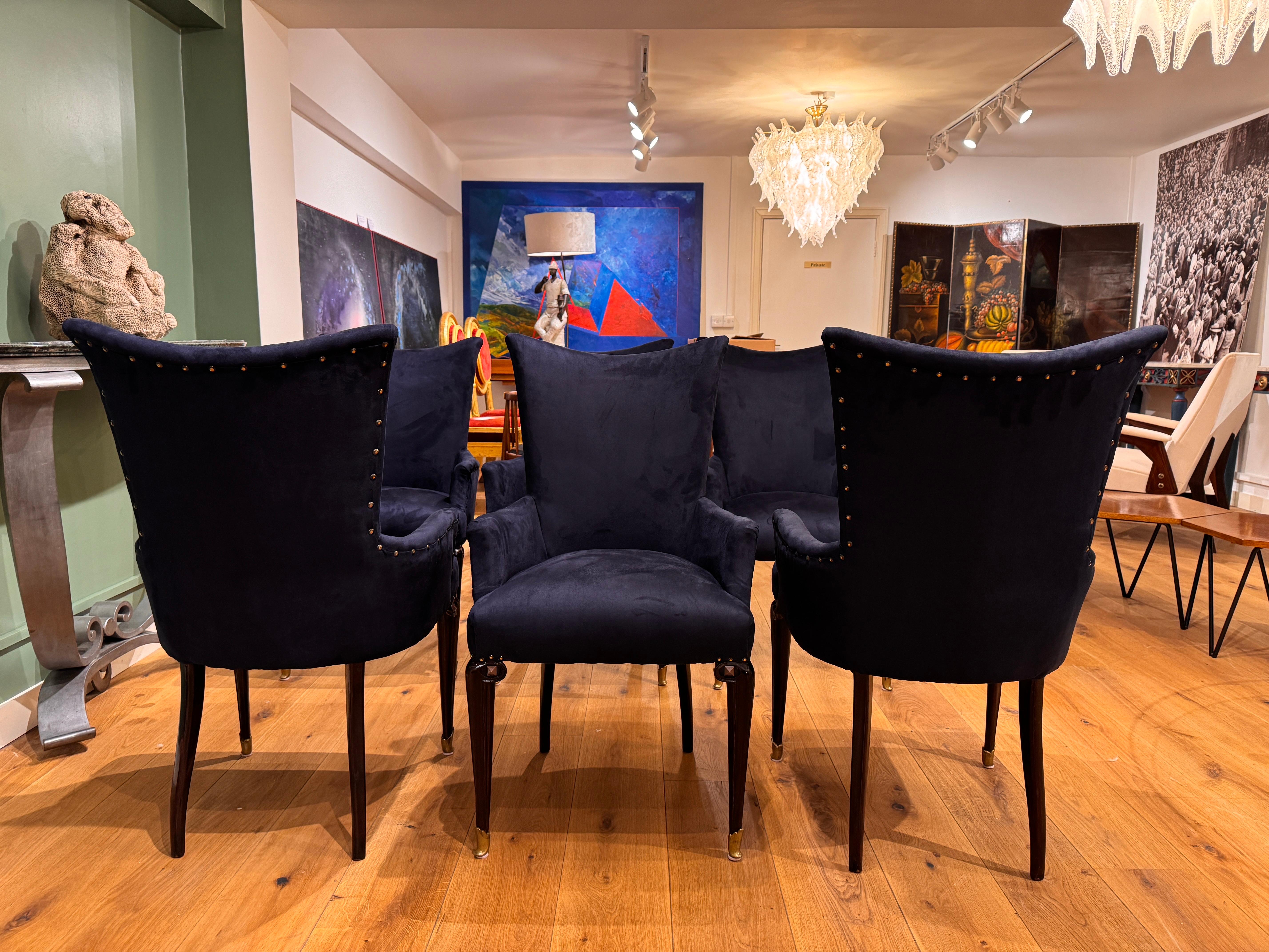 Brass Rare Set of six Italian high back dining chairs with arms For Sale
