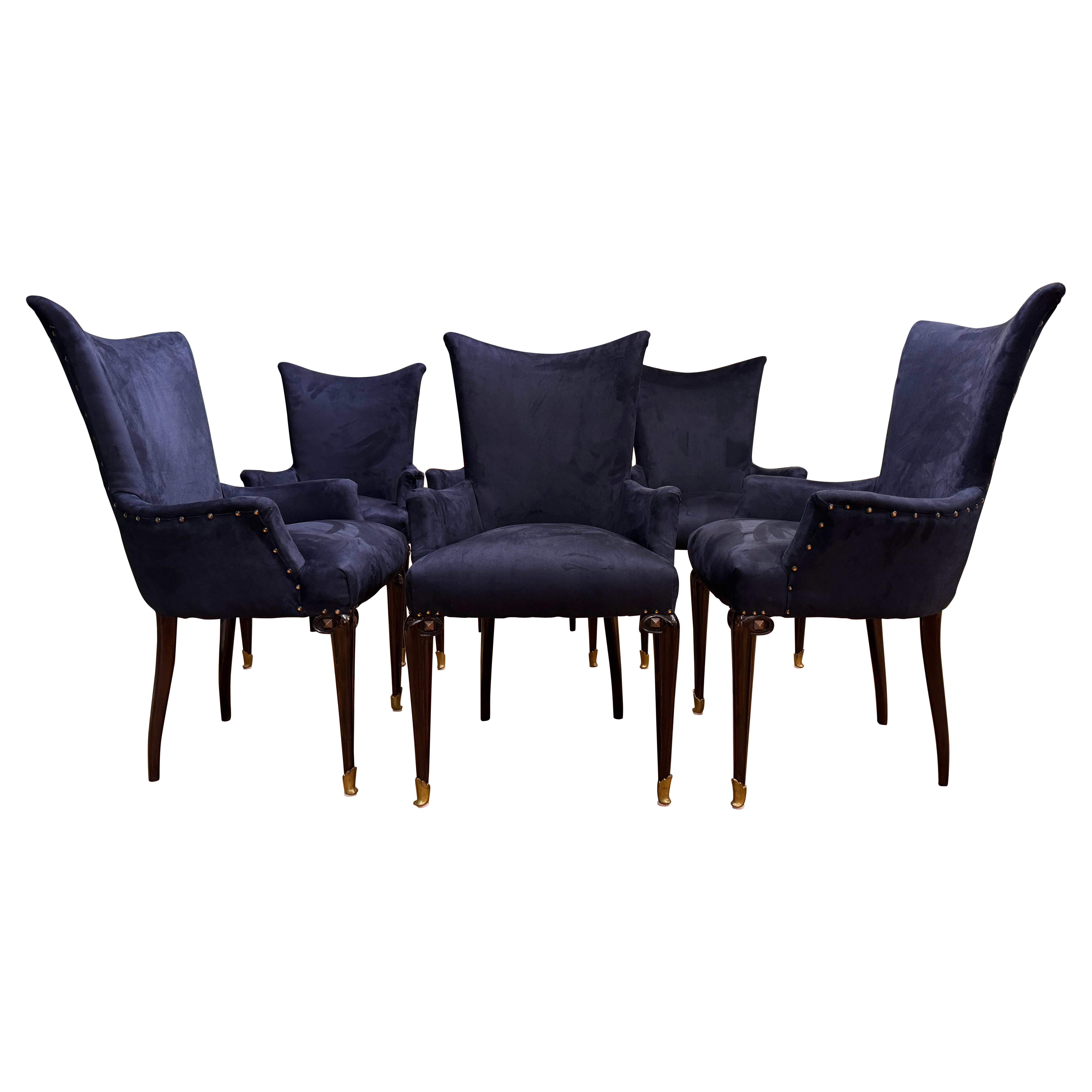 Rare Set of six Italian high back dining chairs with arms
