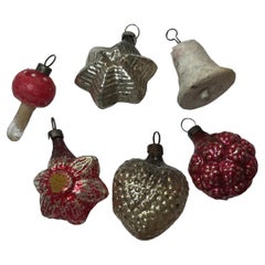 Rare Set of Six Mercury Glass & Cotton Christmas Ornament Vintage, 1910s