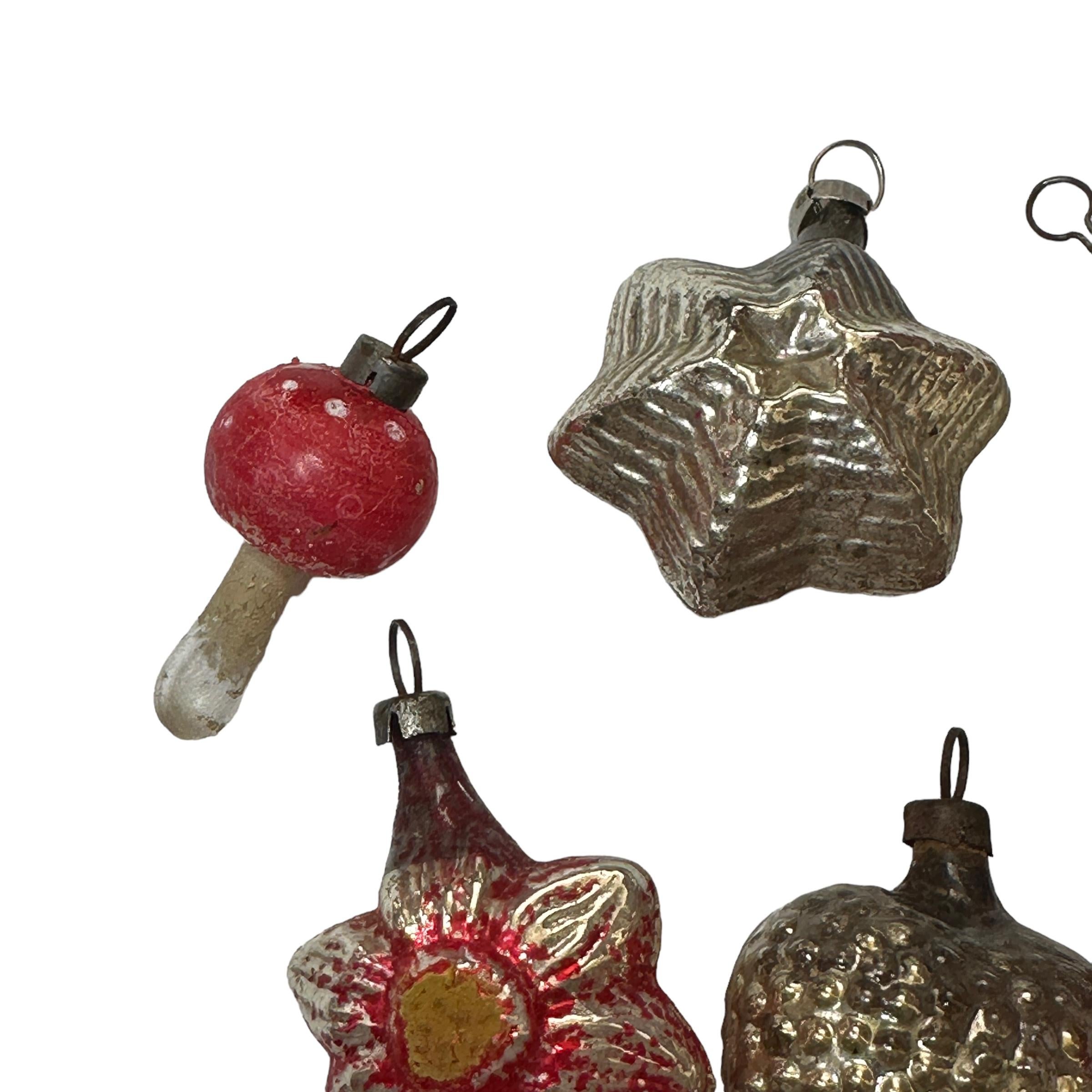 Early 20th Century Rare Set of Six Mercury Glass & Cotton Christmas Ornament Vintage, 1910s For Sale