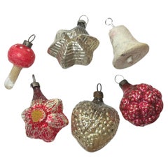 Rare Set of Six Mercury Glass & Cotton Christmas Ornament Vintage, 1910s