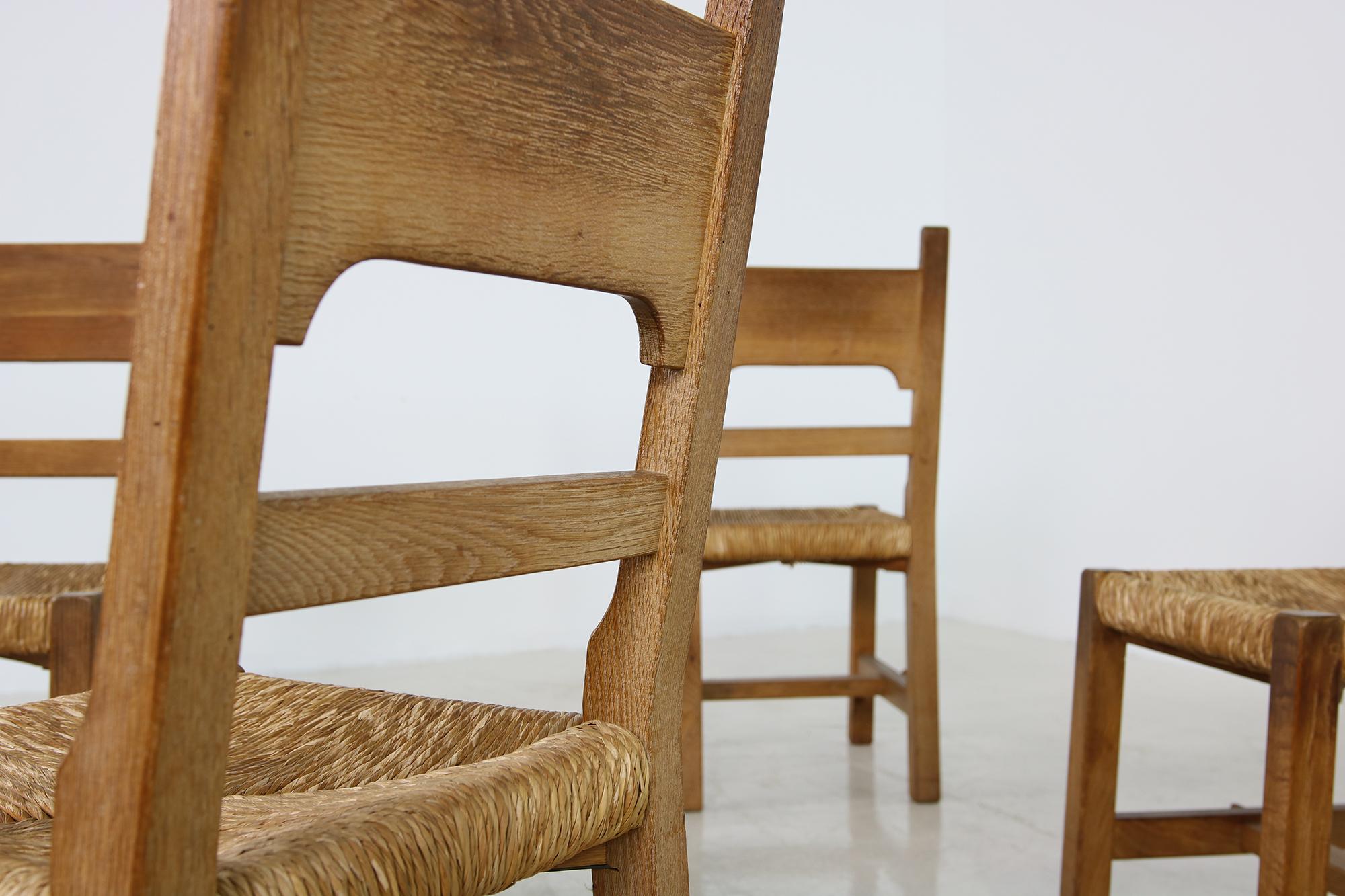 Rustic Set of Six Mid Century Modern Vintage Solid Oak, Rush Chairs, Cane  2