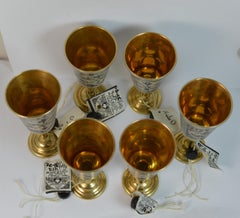 Rare Set of Six Russian Solid Silver & Enamel Kiddish Cups with Original Labels