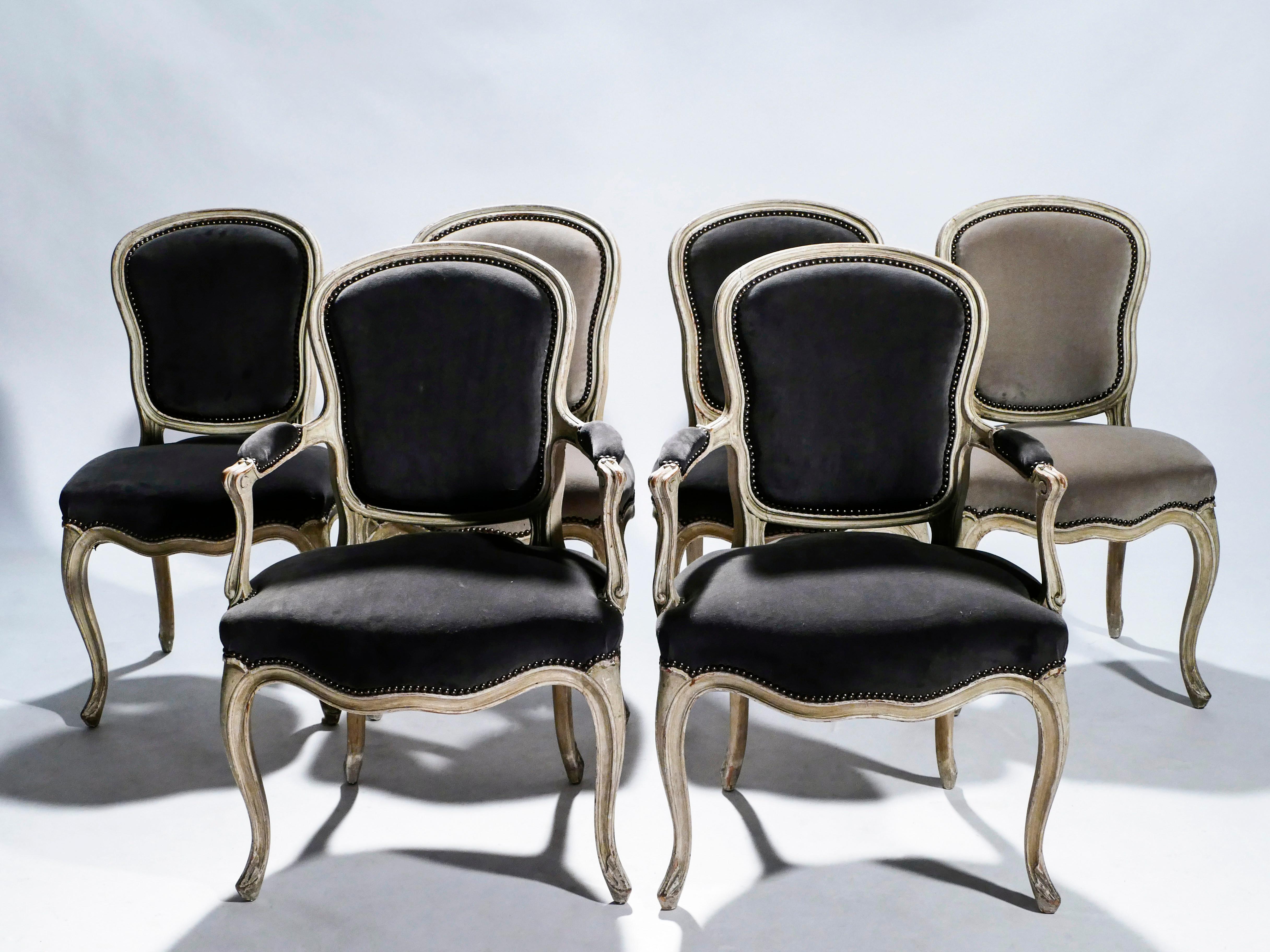 French Rare Set of Six Stamped Maison Jansen Louis XV Chairs and Armchairs, 1940s