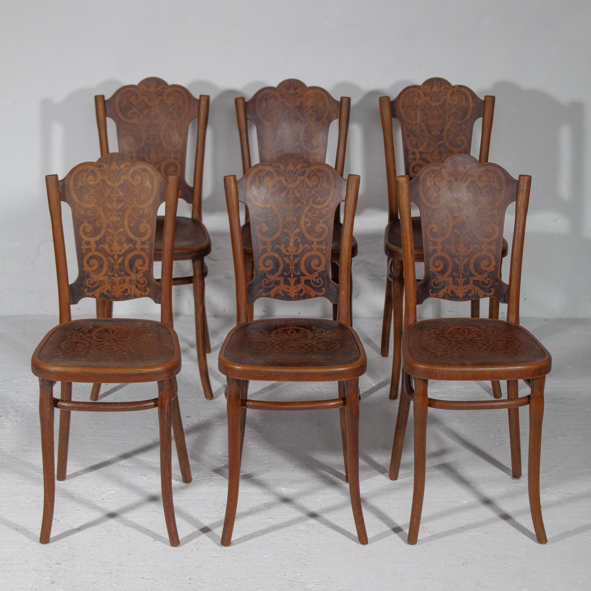 Rare Set of Six Thonet Dining, Side Chairs With Flower Decor Pattern, Austria 3