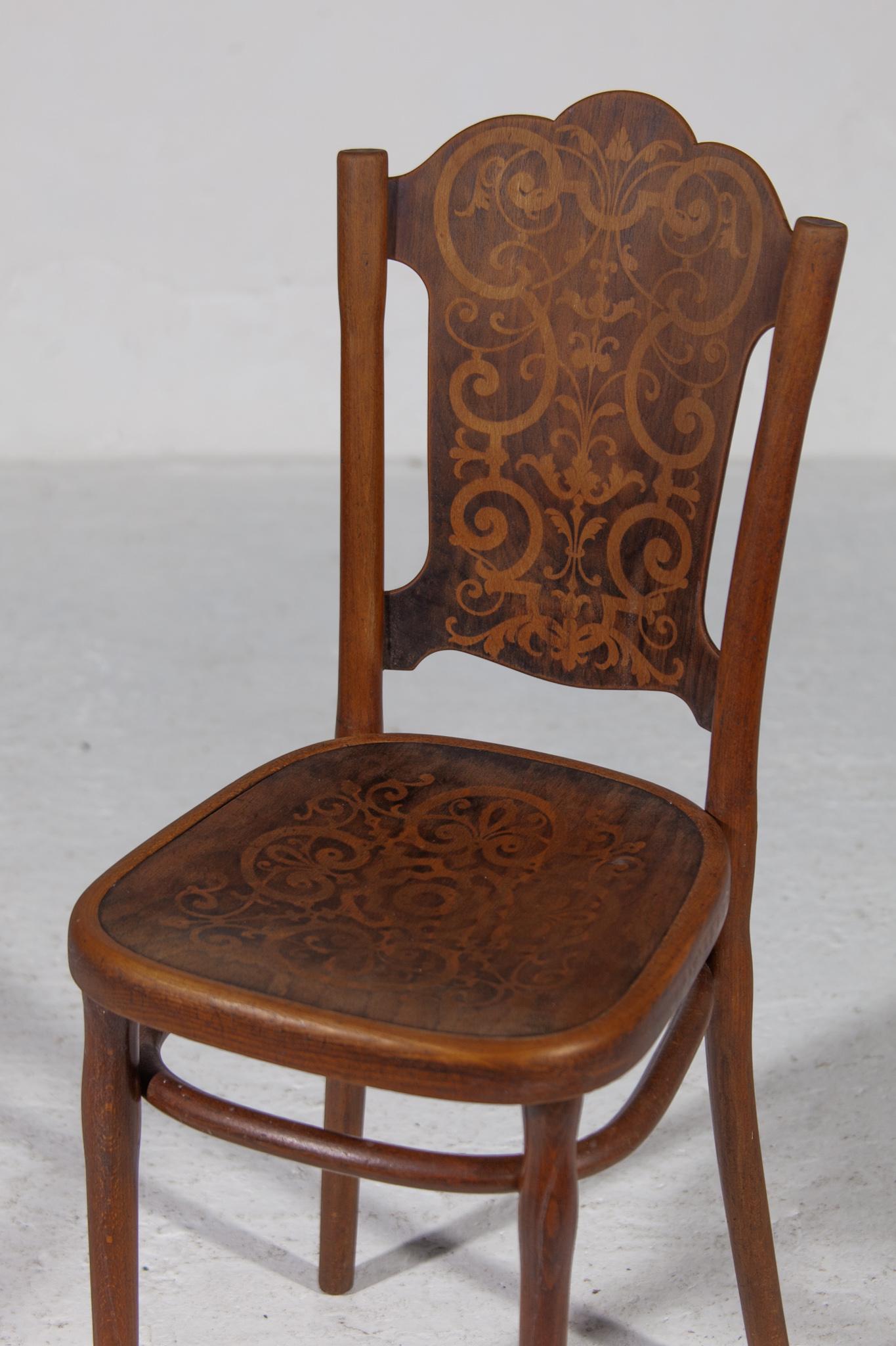 Bentwood Rare Set of Six Thonet Dining, Side Chairs With Flower Decor Pattern, Austria