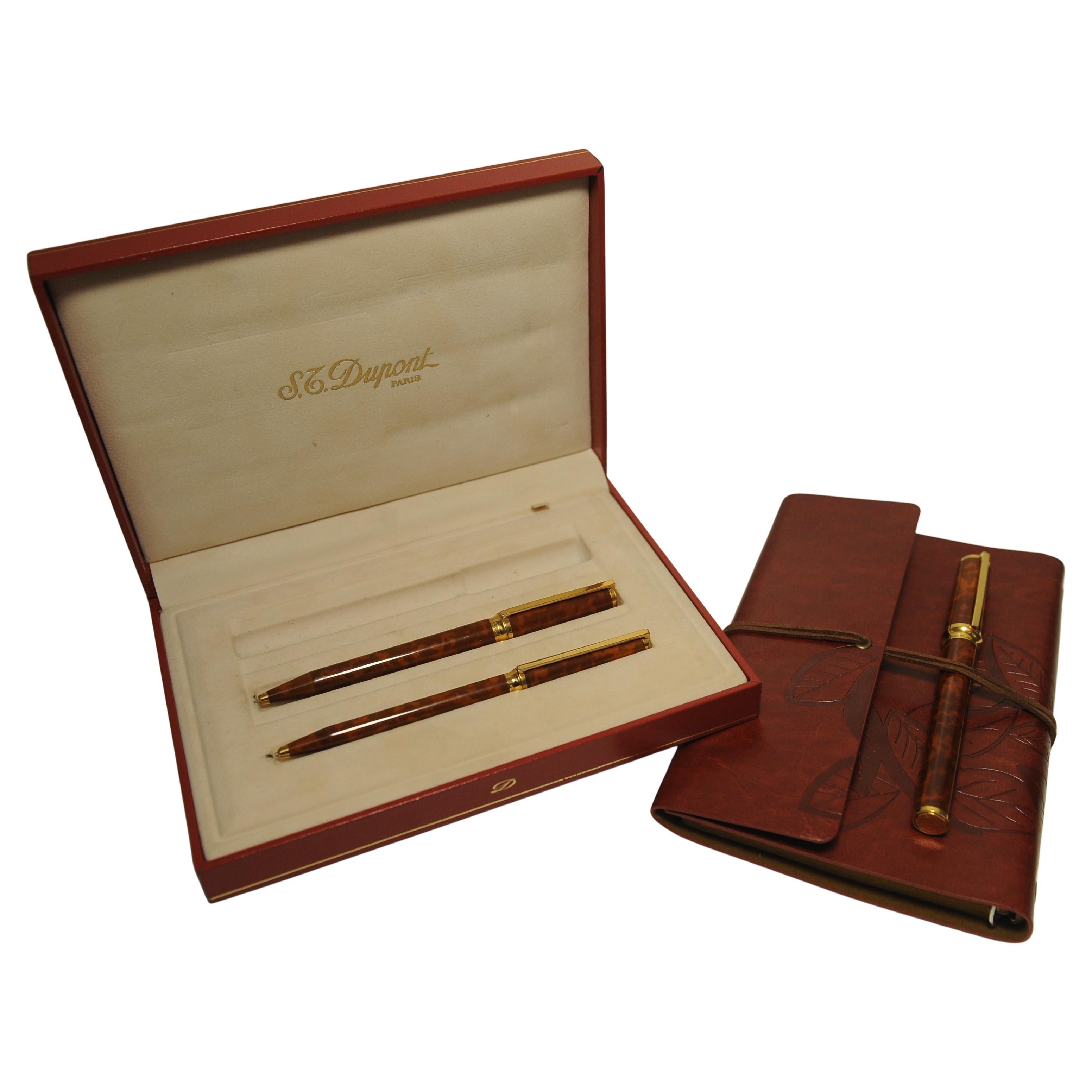 Seltener Satz von S.T DuPont of Paris Montparnasse Brown Marmor lackiert Schreibset (Gold) im Angebot