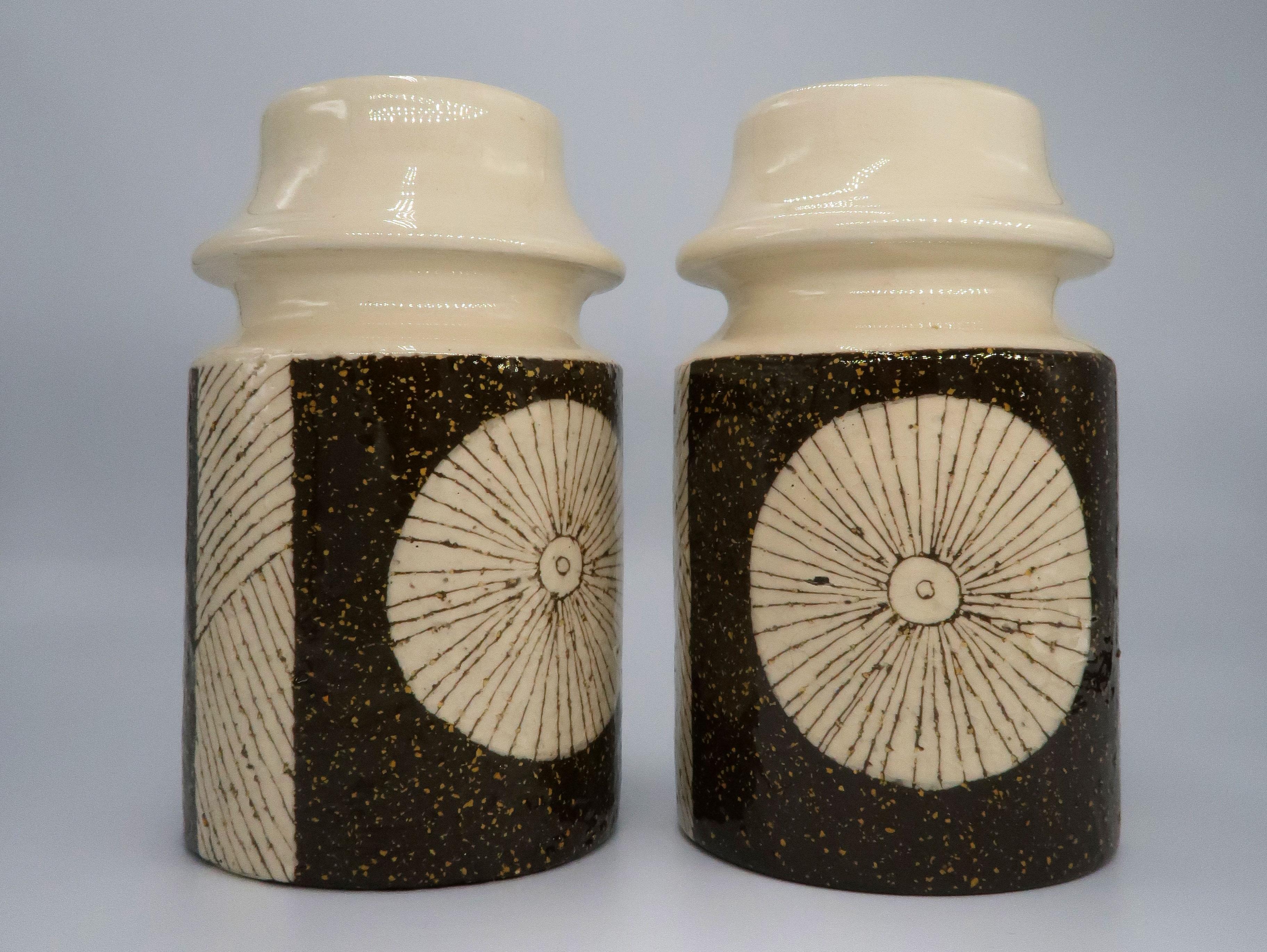 Rare pair of Swedish Mid-Century Modern handmade and hand decorated ceramic vases with semi-crackle glaze. By acclaimed Estonian-Swedish designer Mari Simmulson (1911-2000) who designed for Upsala Ekeby from 1949-1972. Model 1102M. Chamotte clay