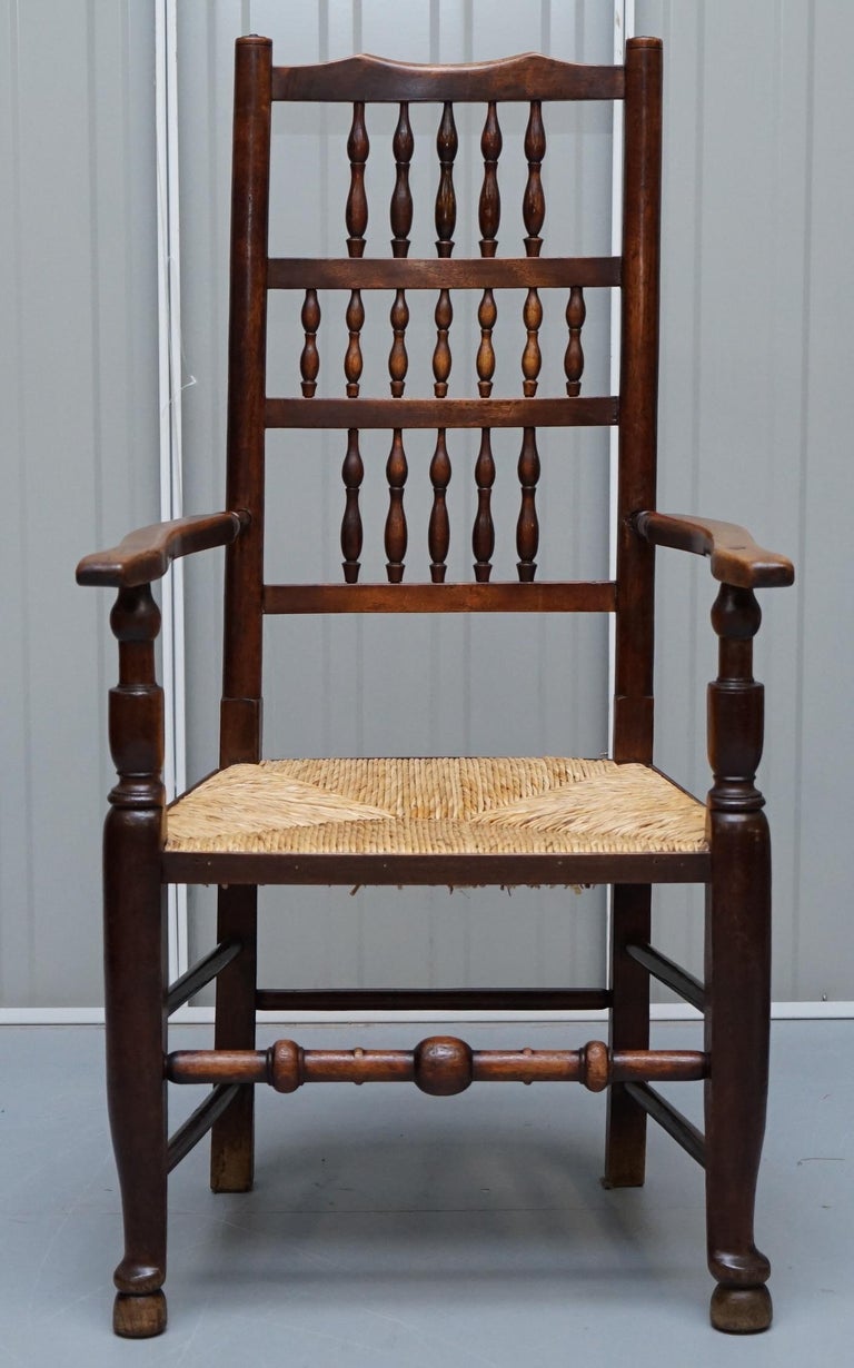 Rare Set of Ten circa 1780 Lancashire Elm Spindle Back Rush Seat Dining