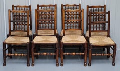 Rare Set of Ten circa 1780 Lancashire Elm Spindle Back Rush Seat Dining Chairs