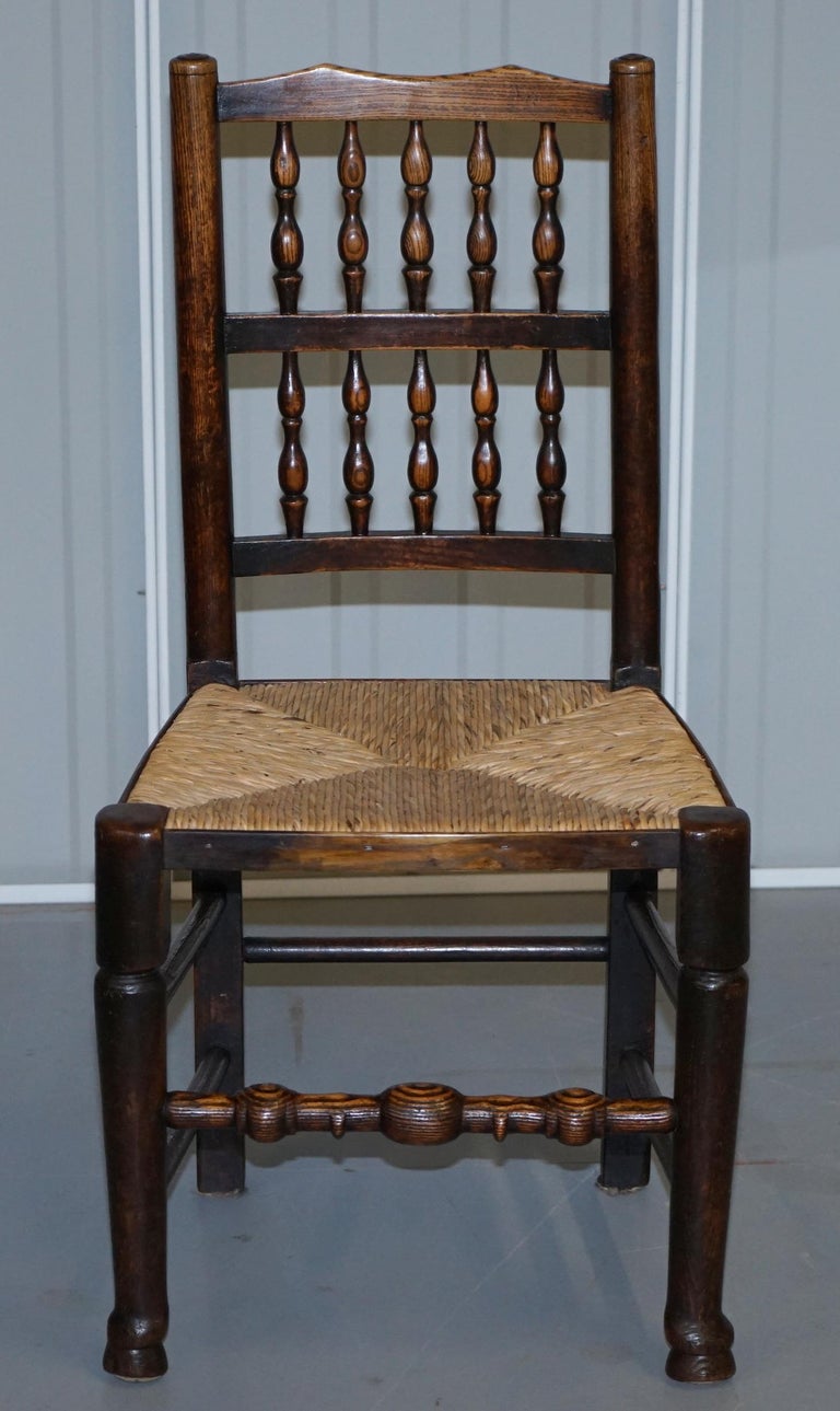 Rare Set of Ten circa 1780 Lancashire Elm Spindle Back Rush Seat Dining