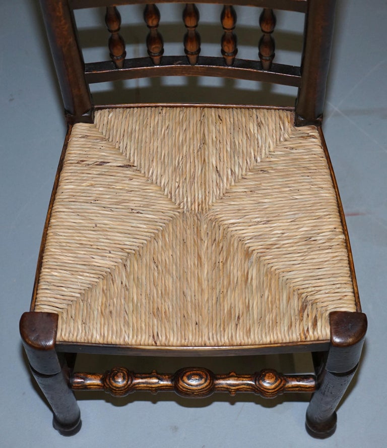 Rare Set of Ten circa 1780 Lancashire Elm Spindle Back Rush Seat Dining
