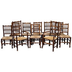 Rare Set of Ten circa 1780 Lancashire Elm Spindle Back Rush Seat Dining Chairs