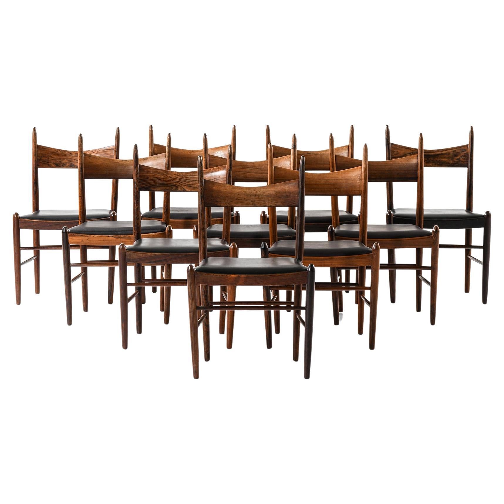 Rare Set of Ten Dining Chairs in Leather and Rosewood by Illum Wikkelsø, 1950s