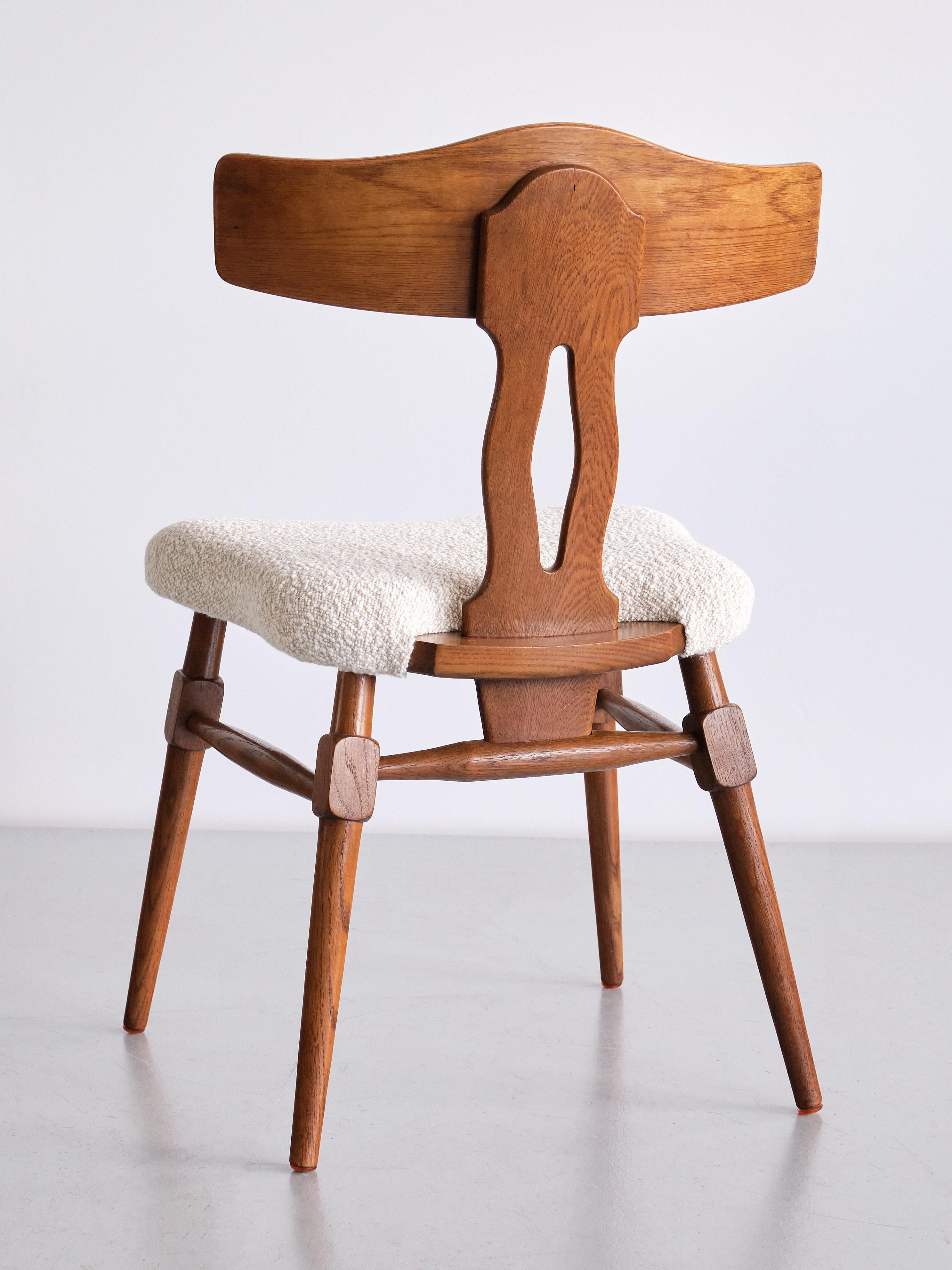 Rare Set of Ten Henning Kjærnulf Dining Chairs in Oak and Bouclé, Denmark, 1950s 7