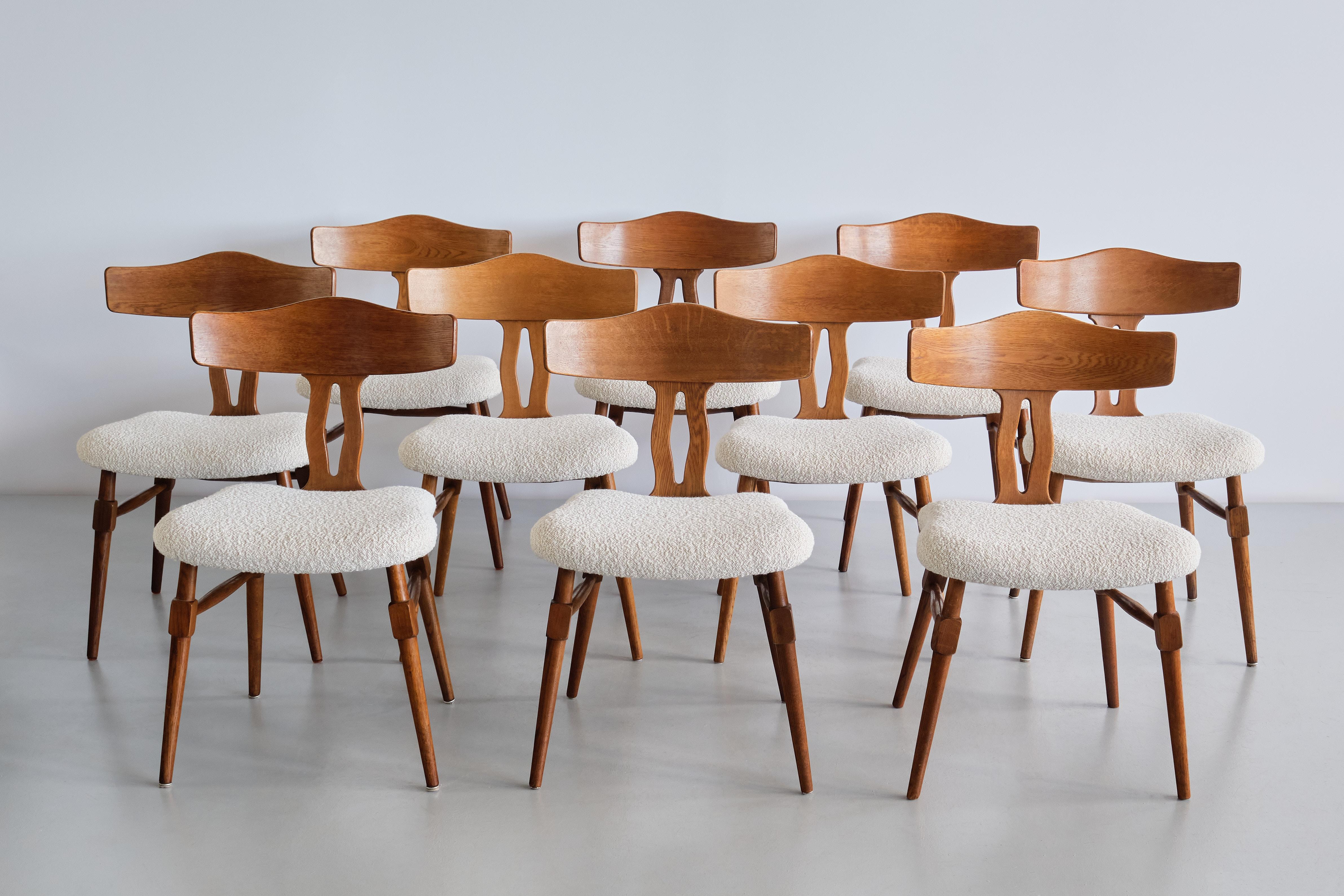 Rare Set of Ten Henning Kjærnulf Dining Chairs in Oak and Bouclé, Denmark, 1950s 11