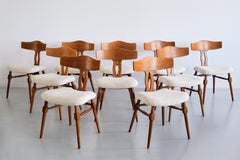 Rare Set of Ten Henning Kjærnulf Dining Chairs in Oak and Bouclé, Denmark, 1950s