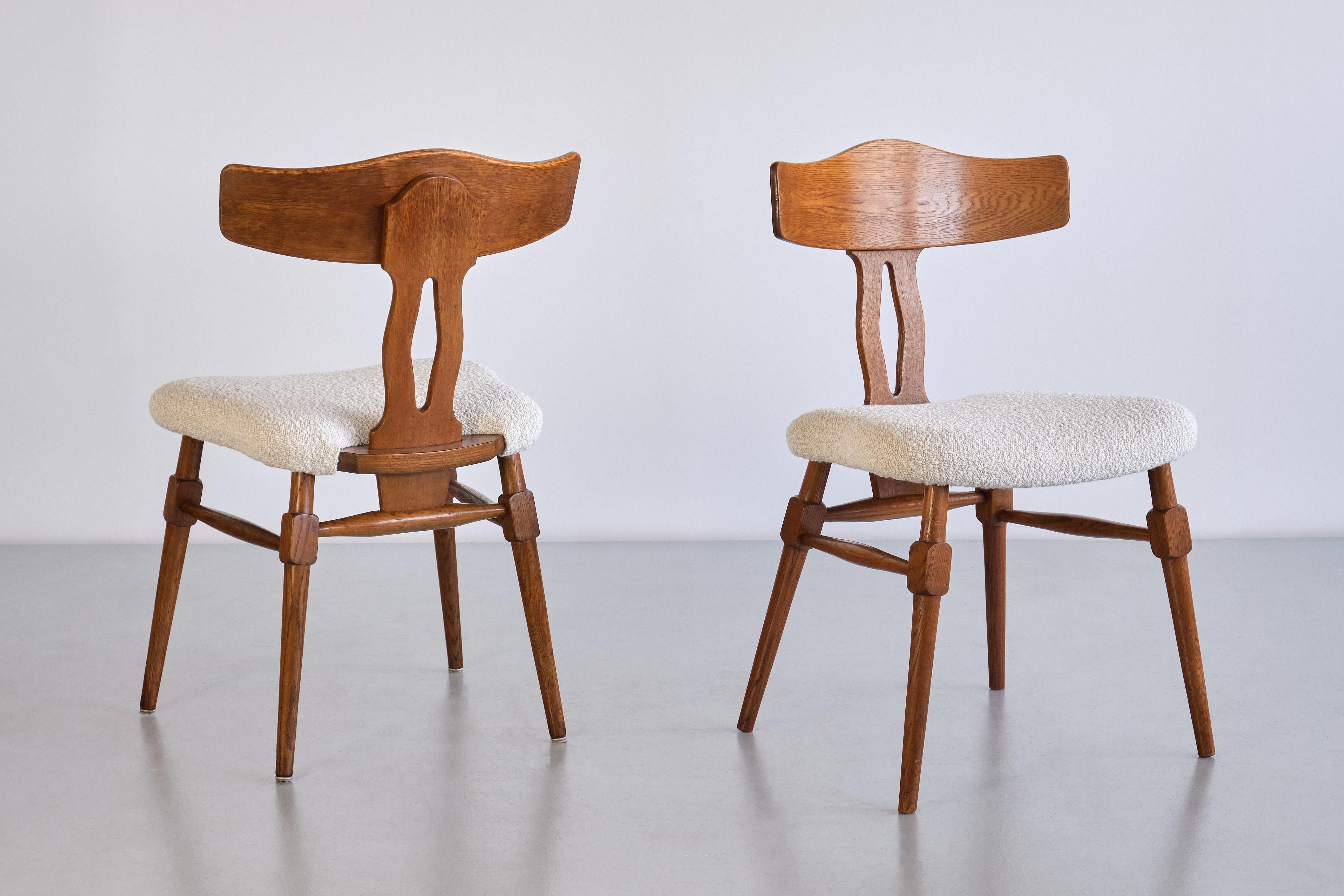 Scandinavian Modern Rare Set of Ten Henning Kjærnulf Dining Chairs in Oak and Bouclé, Denmark, 1950s