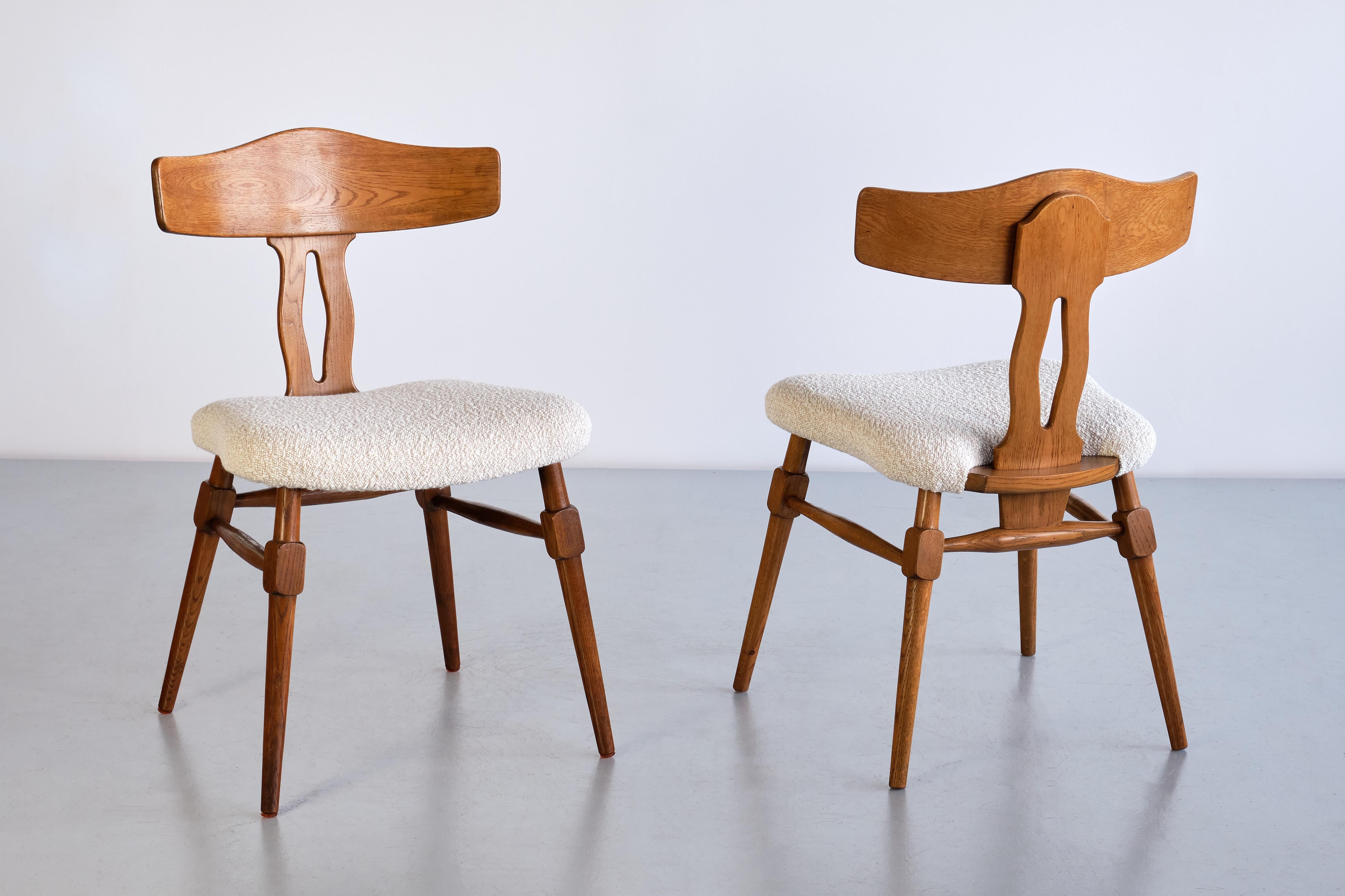 Danish Rare Set of Ten Henning Kjærnulf Dining Chairs in Oak and Bouclé, Denmark, 1950s