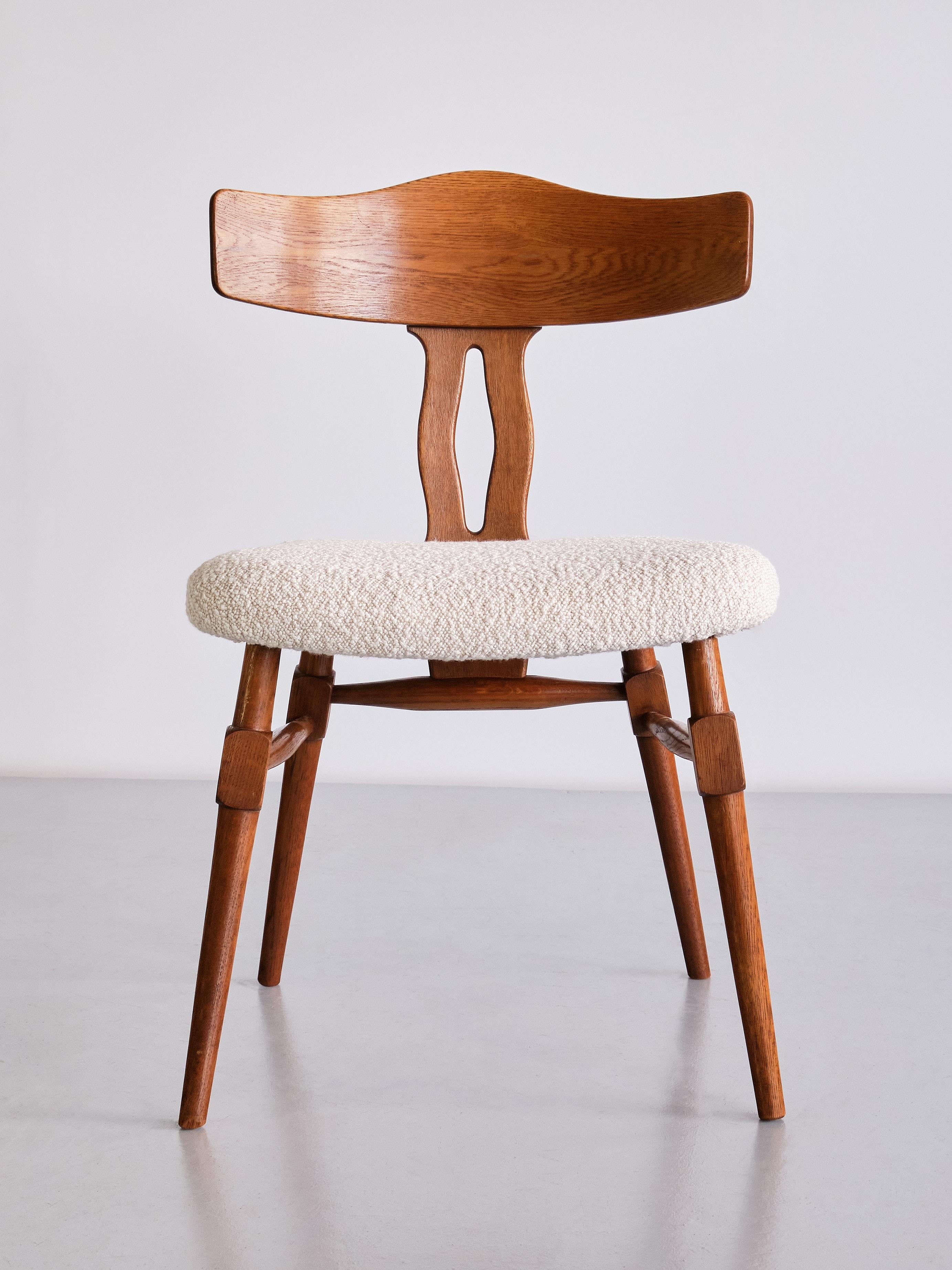 Mid-20th Century Rare Set of Ten Henning Kjærnulf Dining Chairs in Oak and Bouclé, Denmark, 1950s