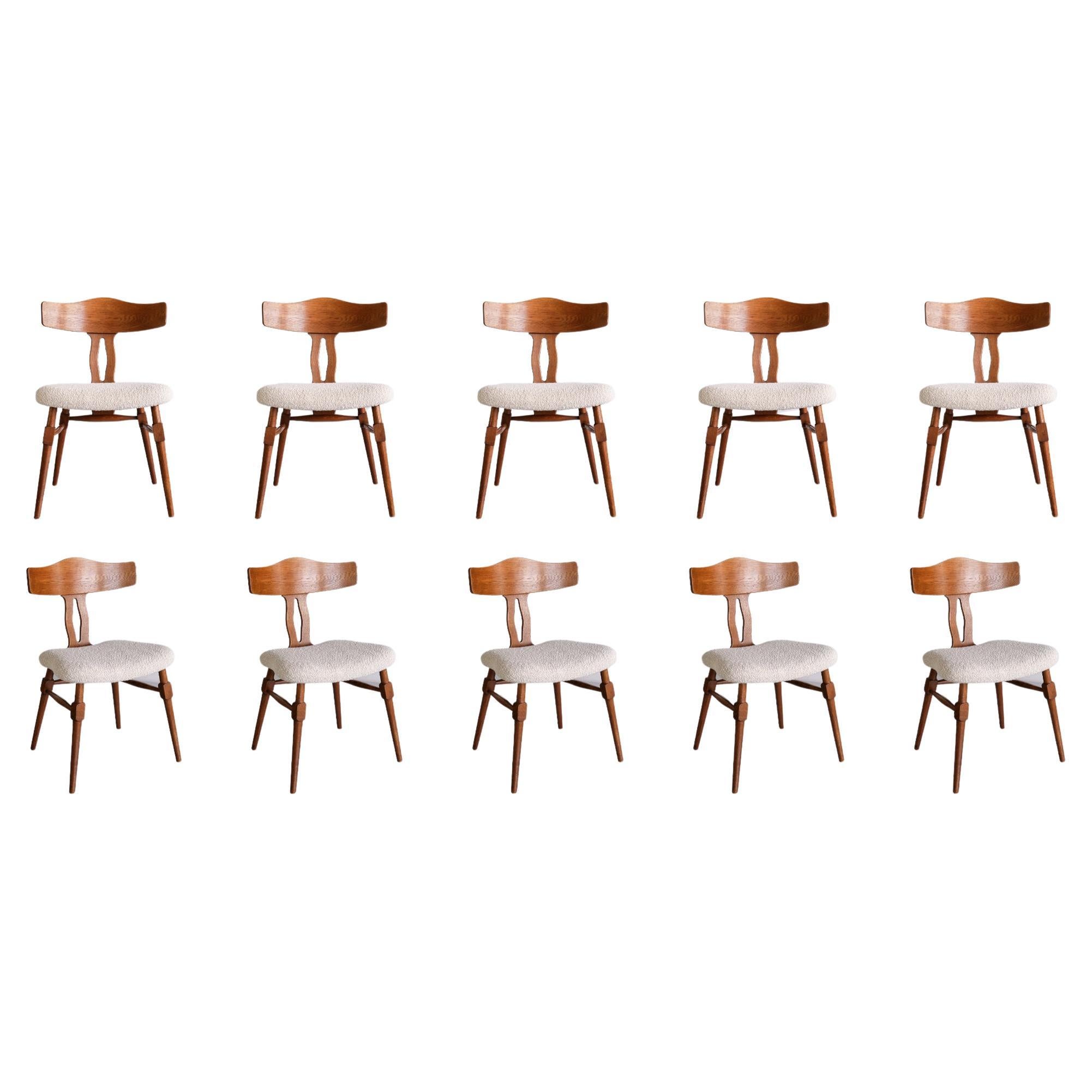 Rare Set of Ten Henning Kjærnulf Dining Chairs in Oak and Bouclé, Denmark, 1950s