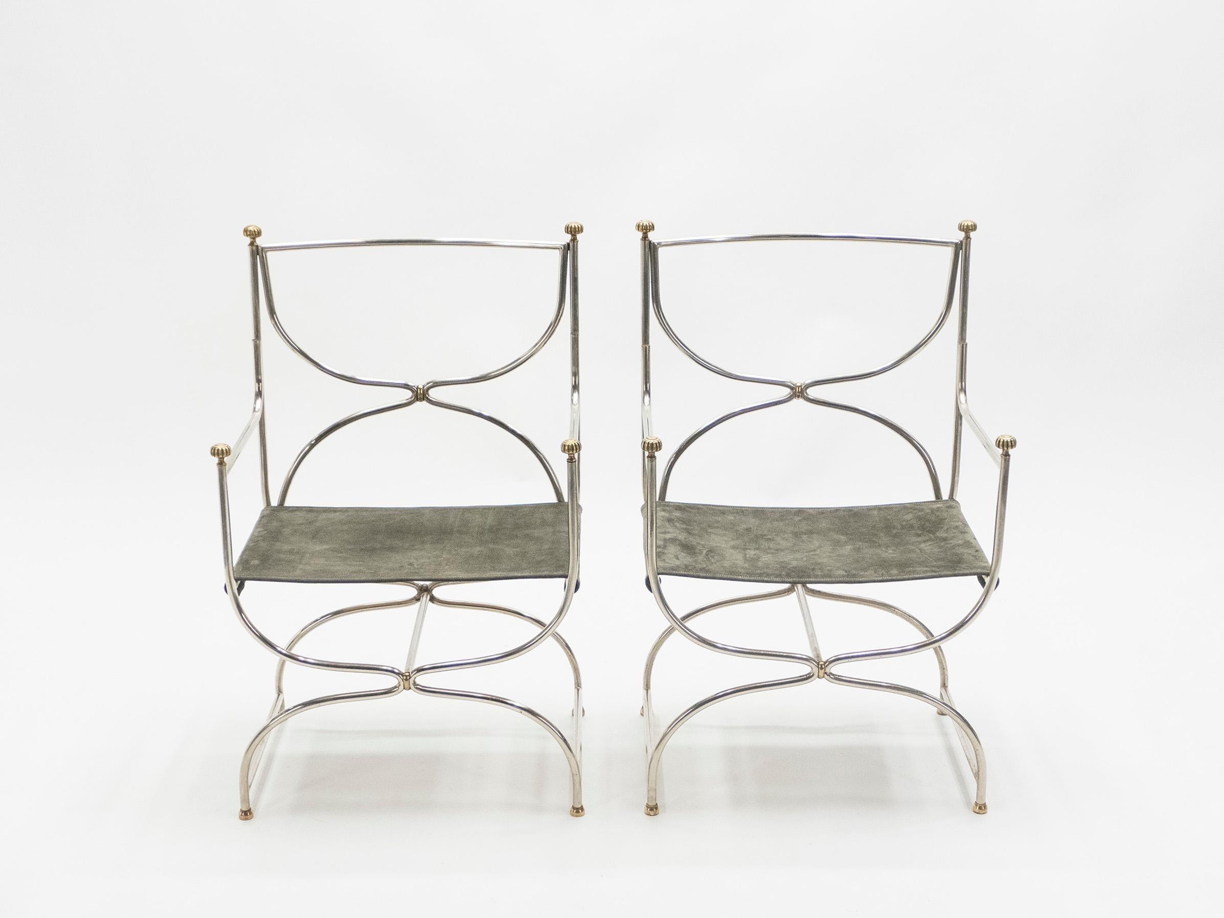 Rare Set of Ten Midcentury Steel Brass Leather Chairs Maison Jansen, 1960s 4