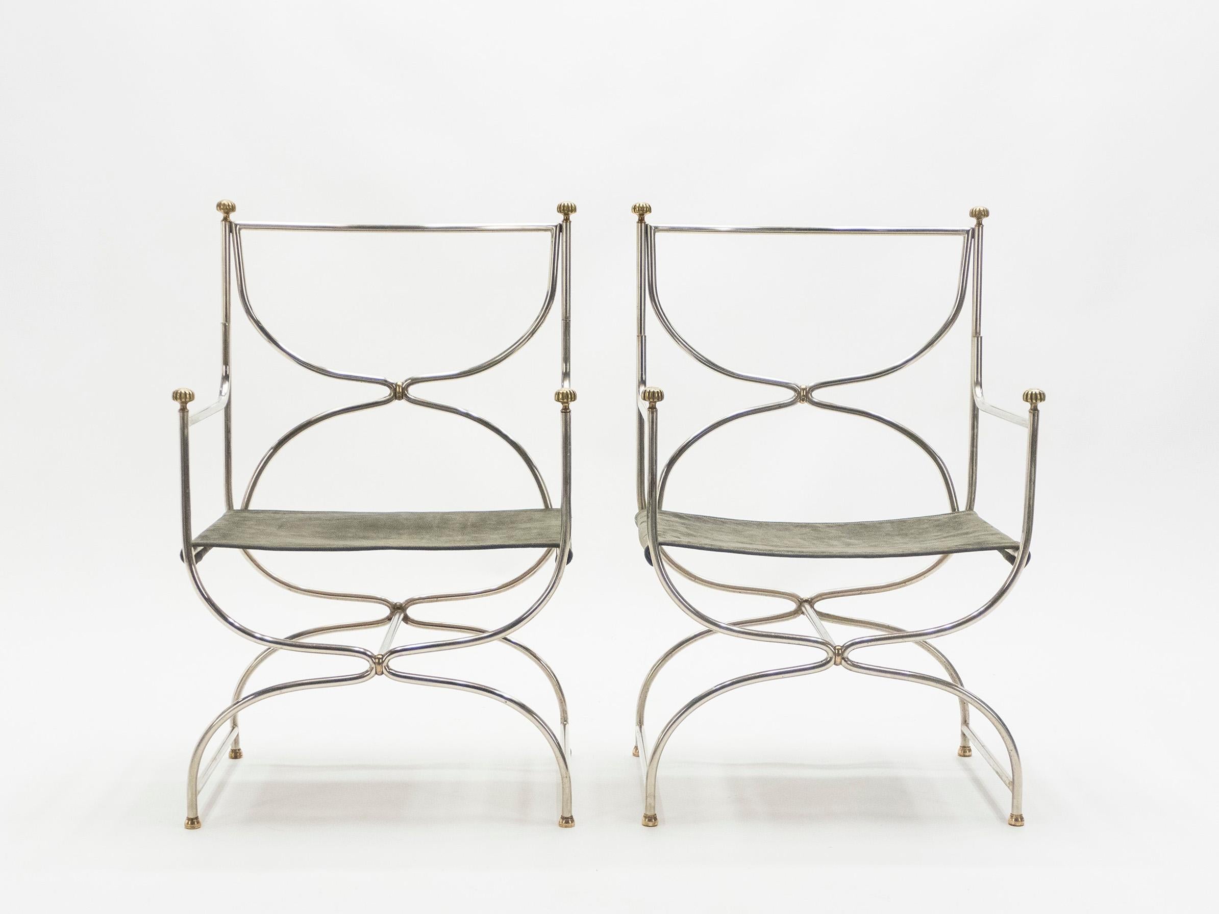 Seltener Satz von zehn Stahl-Messing-Lederstühlen aus der Mitte des Jahrhunderts Maison Jansen, 1960er Jahre 5