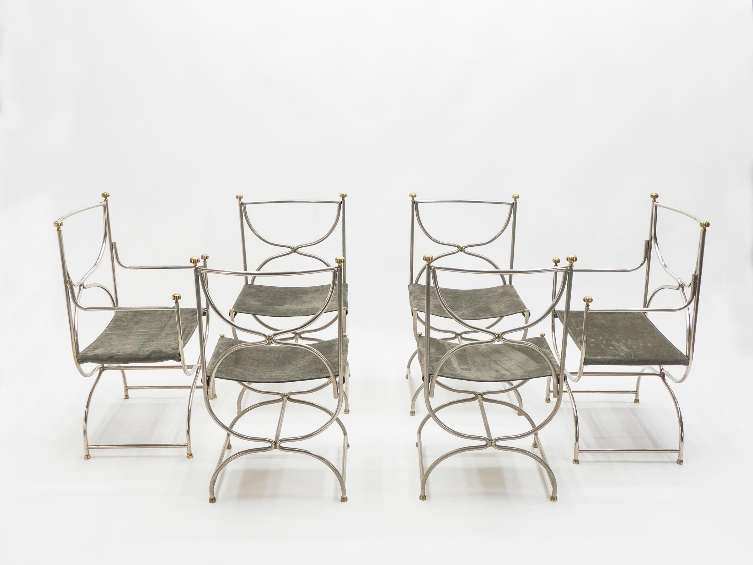Rare Set of Ten Midcentury Steel Brass Leather Chairs Maison Jansen, 1960s 7