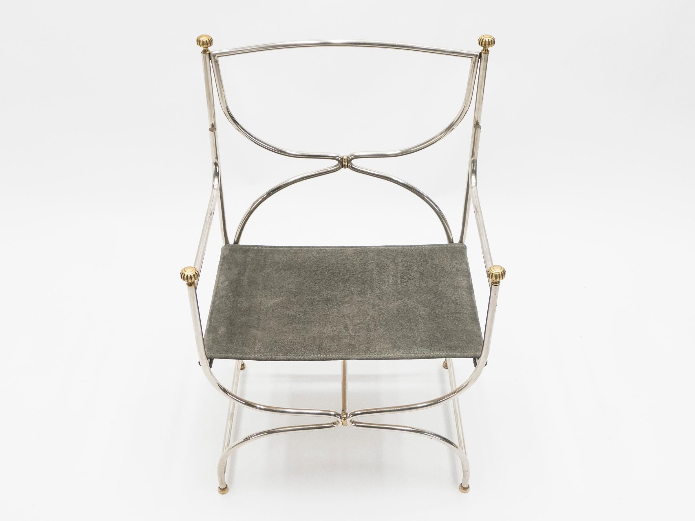 Rare Set of Ten Midcentury Steel Brass Leather Chairs Maison Jansen, 1960s 9