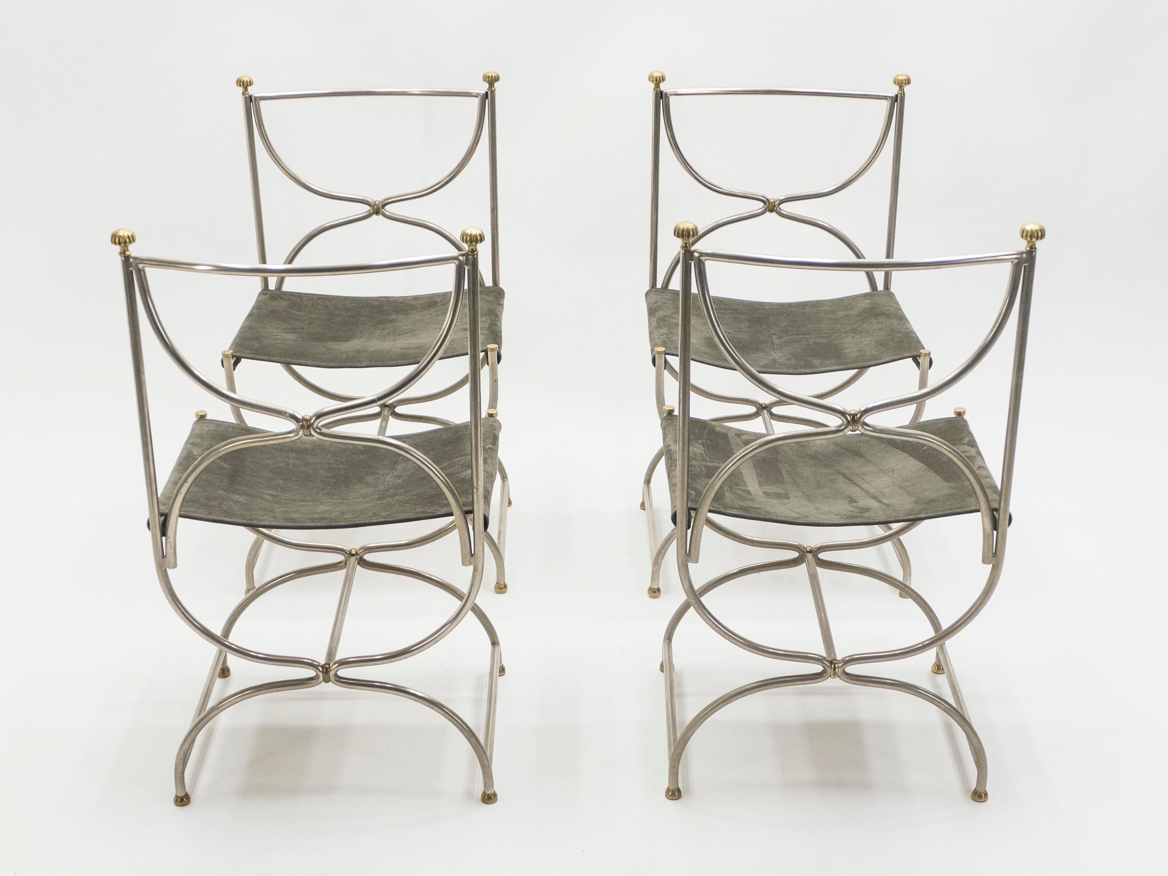 Seltener Satz von zehn Stahl-Messing-Lederstühlen aus der Mitte des Jahrhunderts Maison Jansen, 1960er Jahre 10