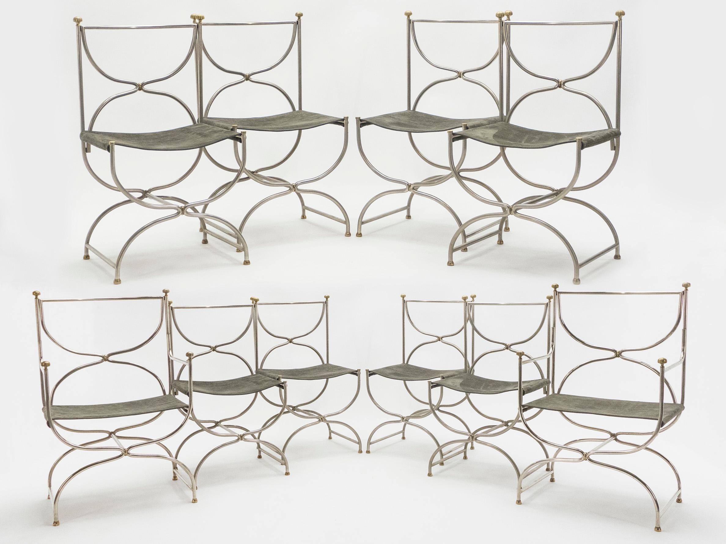 Mid-Century Modern Rare Set of Ten Midcentury Steel Brass Leather Chairs Maison Jansen, 1960s