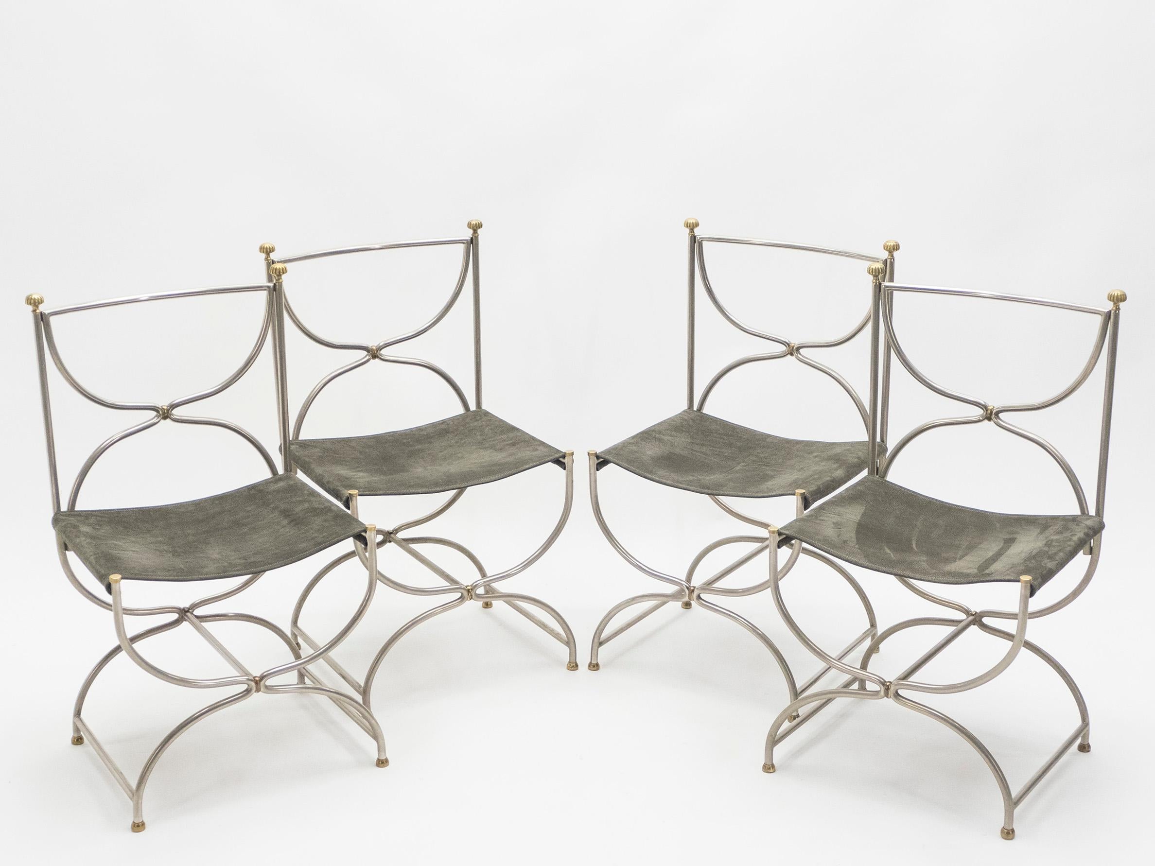 Rare Set of Ten Midcentury Steel Brass Leather Chairs Maison Jansen, 1960s In Excellent Condition In Paris, IDF