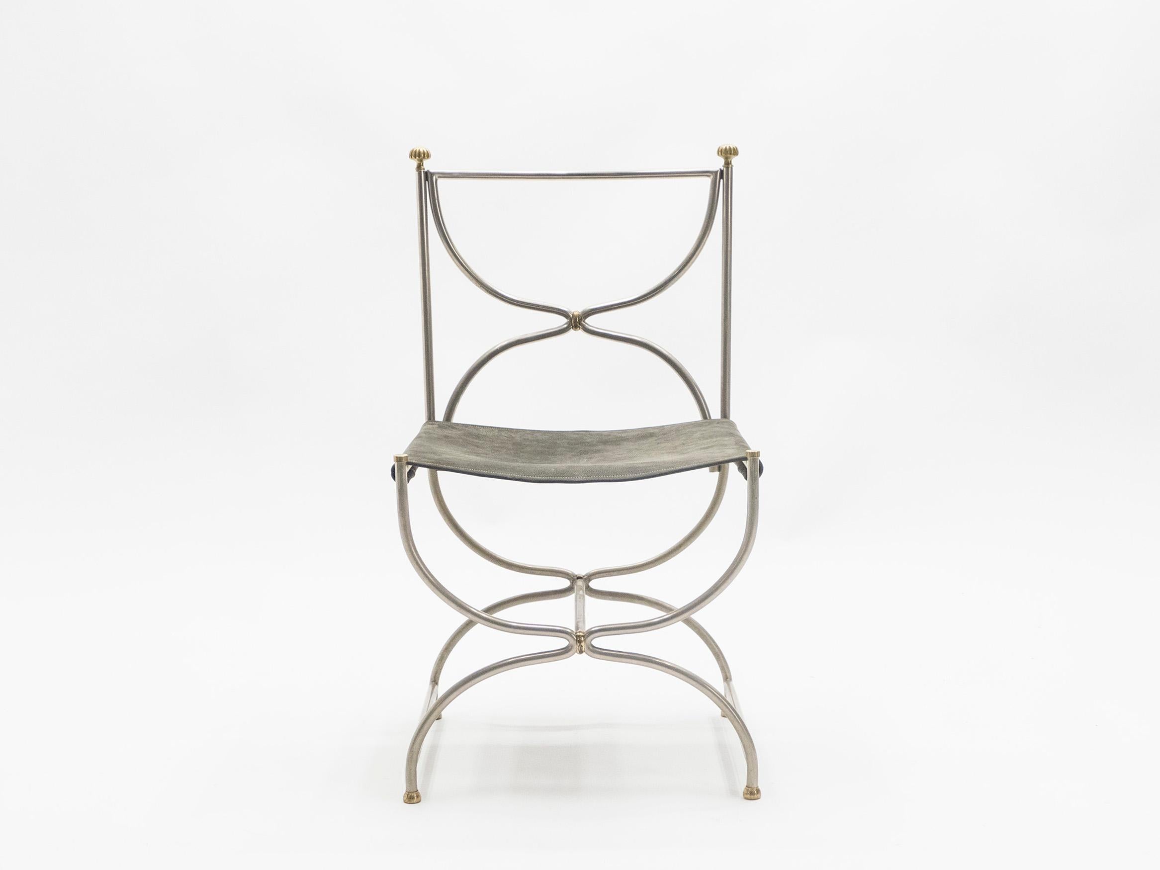 Mid-20th Century Rare Set of Ten Midcentury Steel Brass Leather Chairs Maison Jansen, 1960s