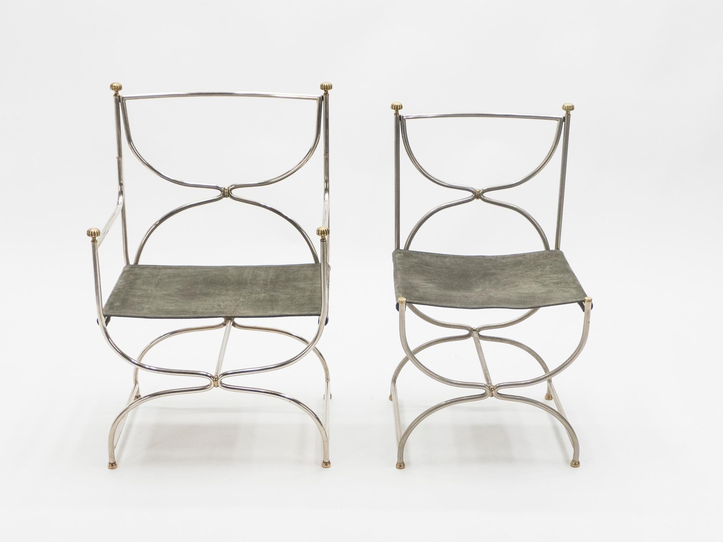 Rare Set of Ten Midcentury Steel Brass Leather Chairs Maison Jansen, 1960s 3