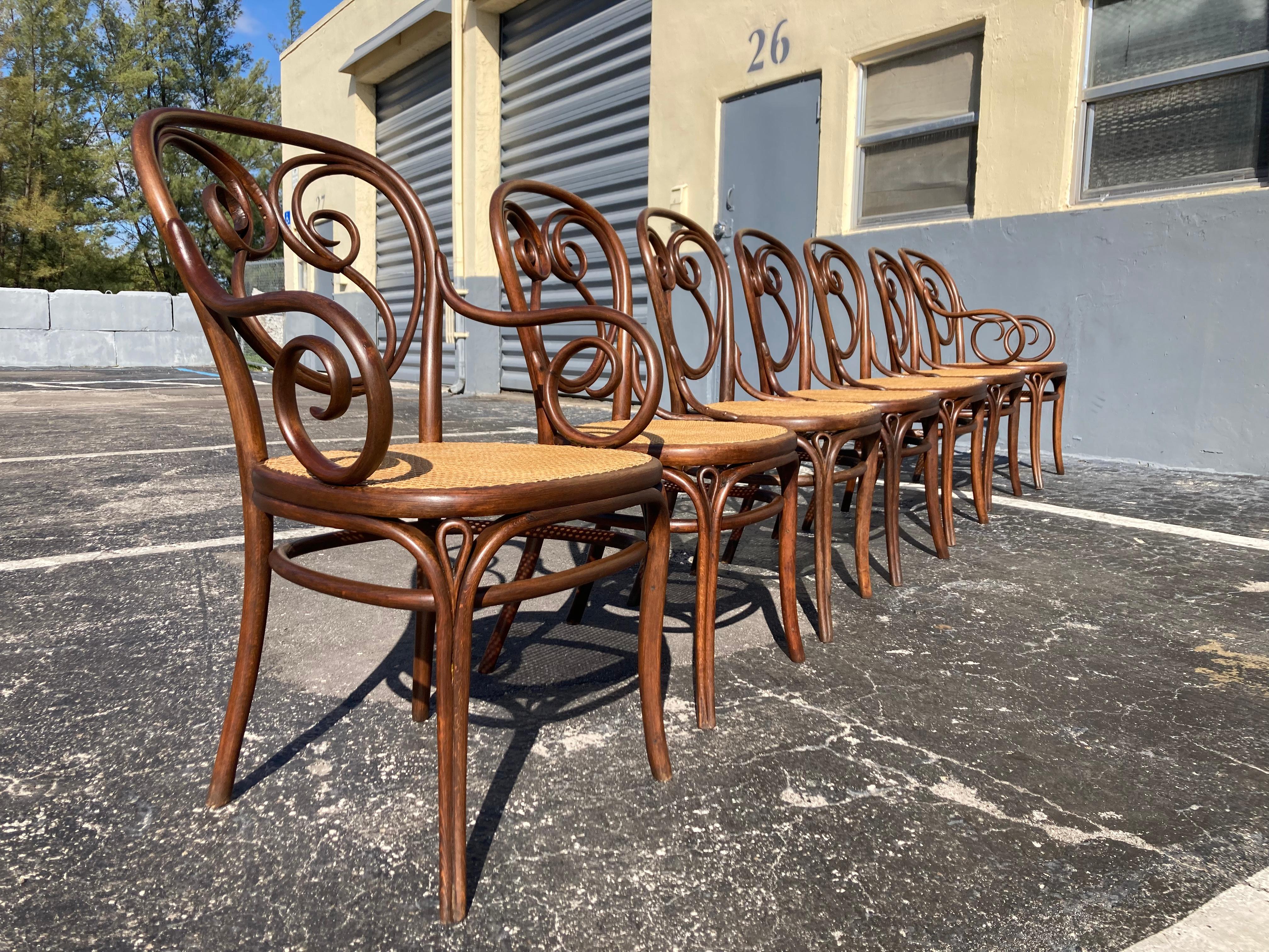 One of the rarest Thonet chairs, model 13. Set of seven, two arm and five side chairs. Very rare chairs due to the high production cost, these chairs are most likely from 1893. The arm chairs are 23.25” wide, 38” high and 22” deep.