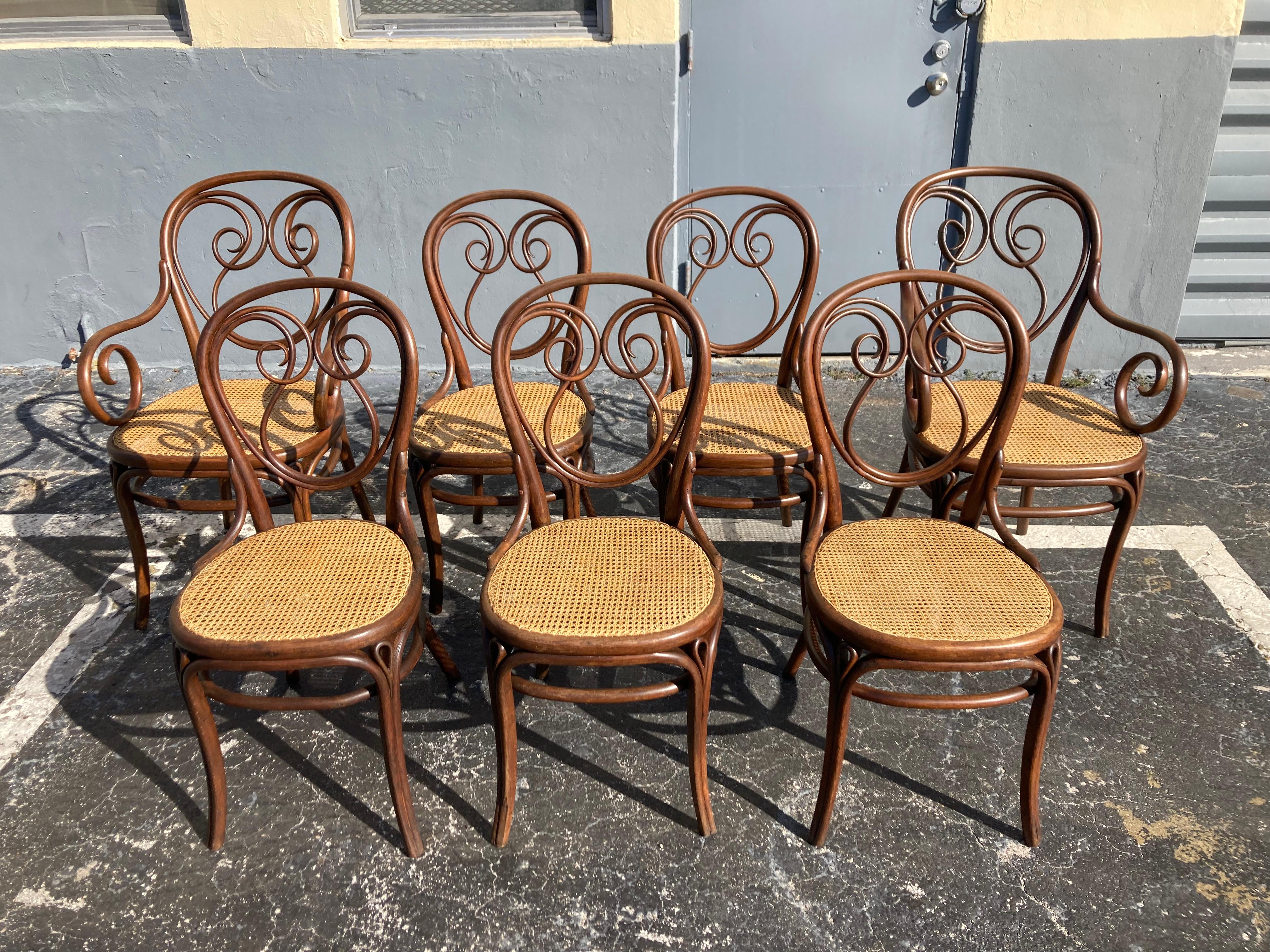 Austrian Rare Set of Thonet Chairs Model 13, Bentwood and Cane For Sale