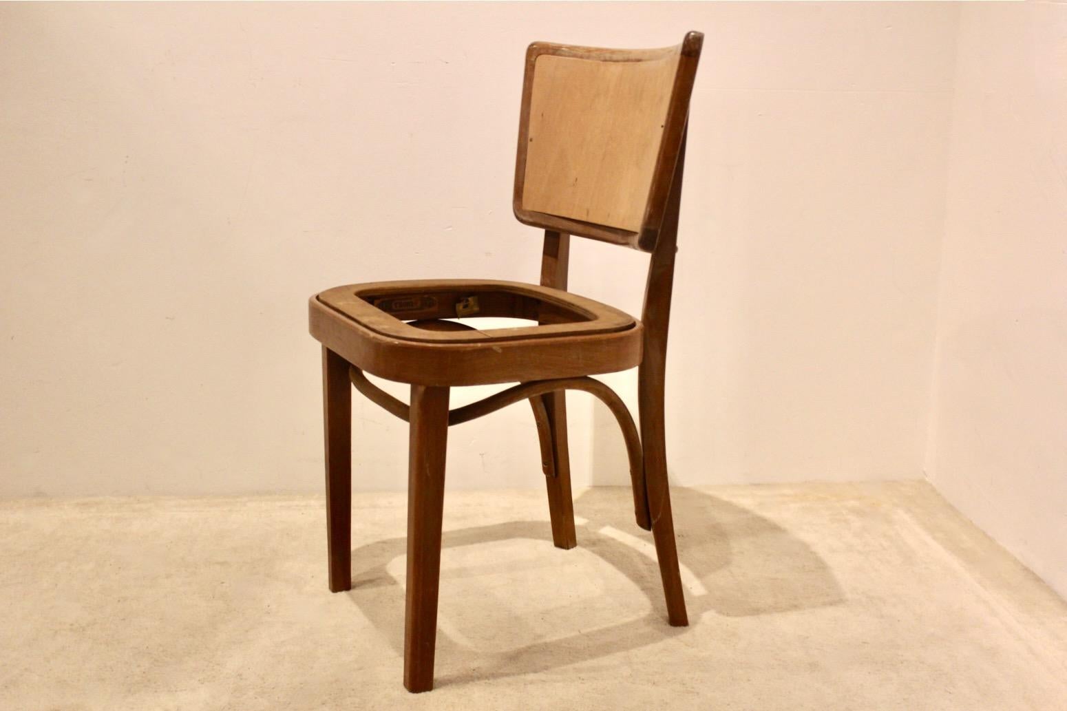 Raro juego de sillas de bistro Thonet de madera curvada sin tapizar, etiquetadas y estampadas siglo XX